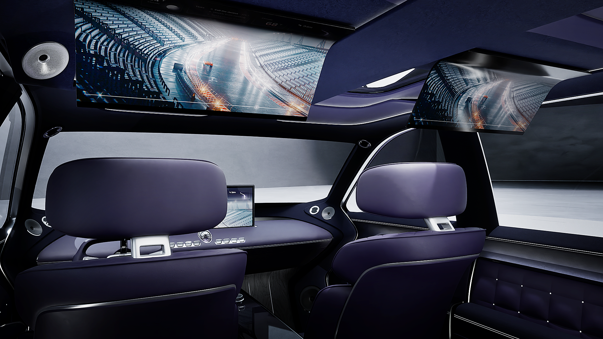 Rear display and front seat main display visible inside the Genesis Neolun Concept, with a view from the rear seat towards the front seats.