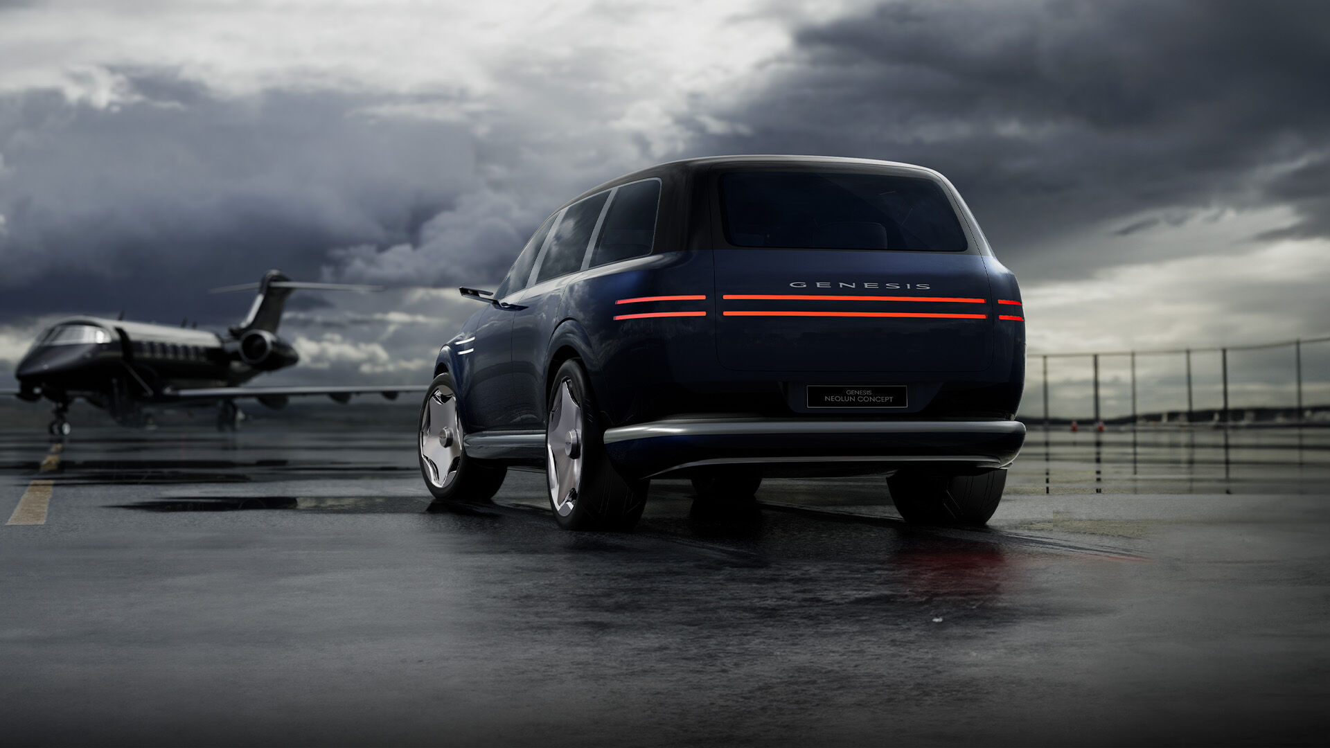 Rear view of Neolun concept driving towards a plane 