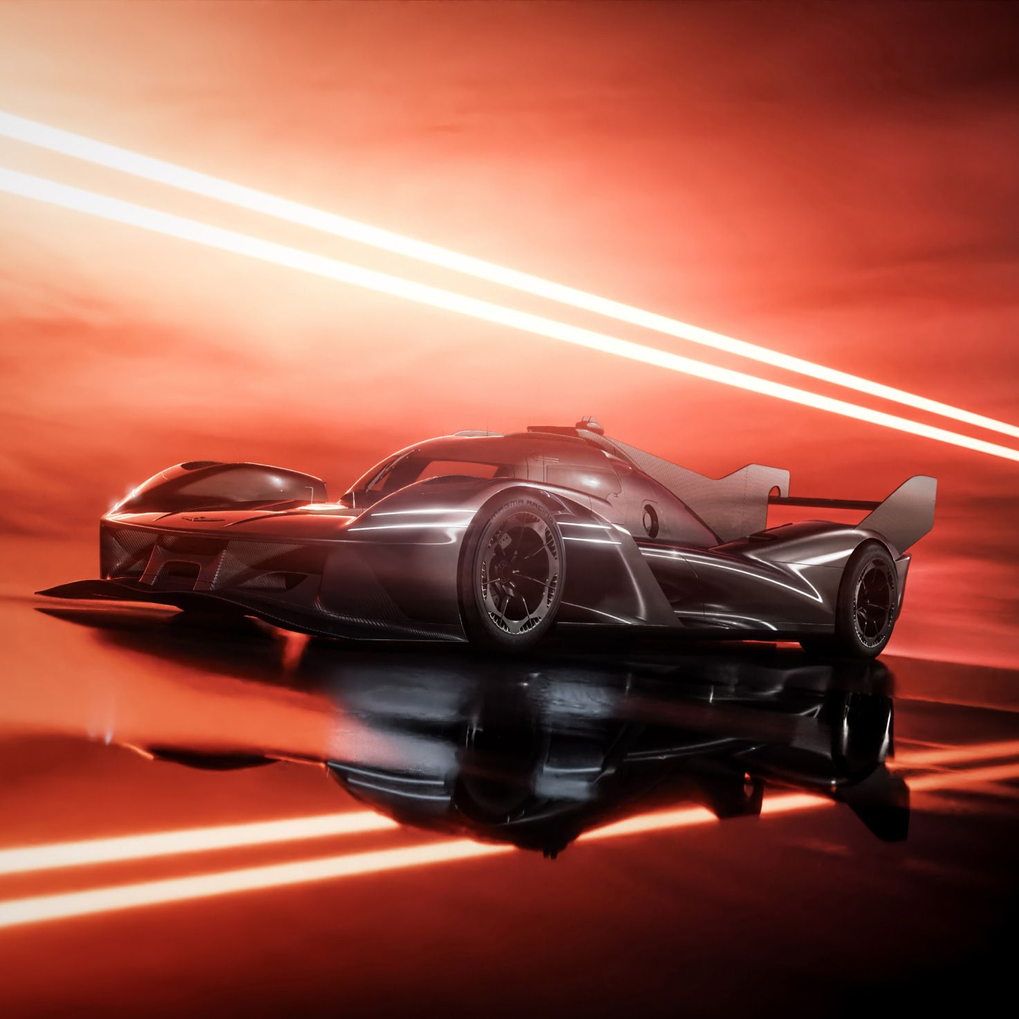 Front view of the magma-colored GMR-001 hypercar on a dark road