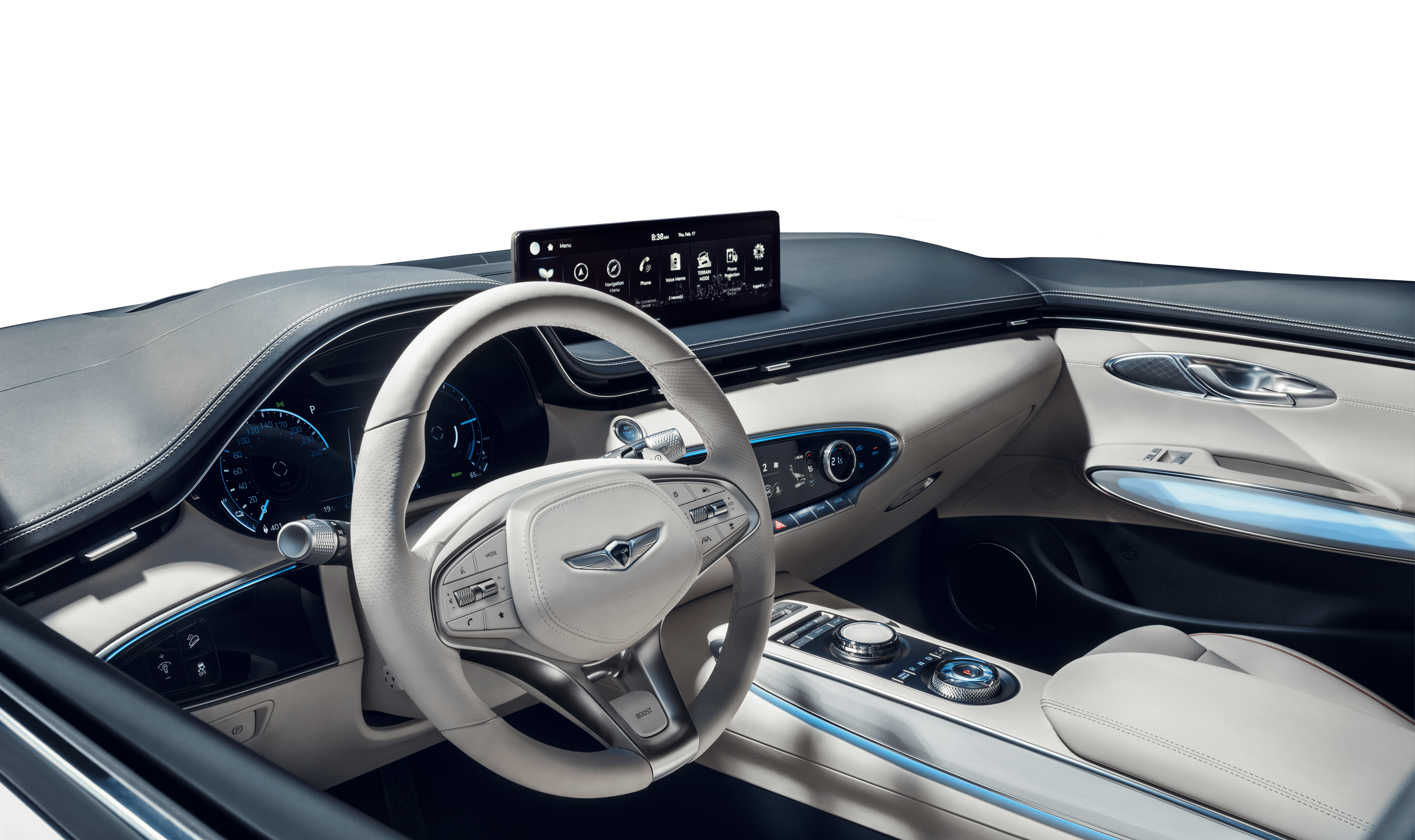 The driving area interior has an Ocean Wave Blue & Glacier White color scheme. 