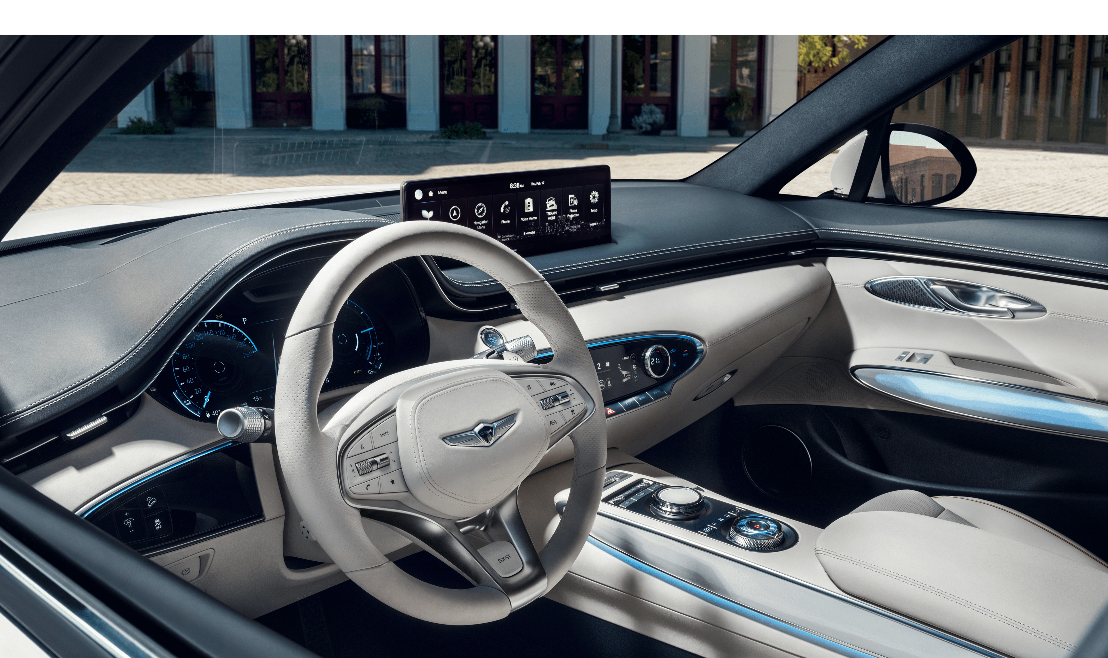 The driving area interior has an Ocean Wave Blue & Glacier White color scheme. 