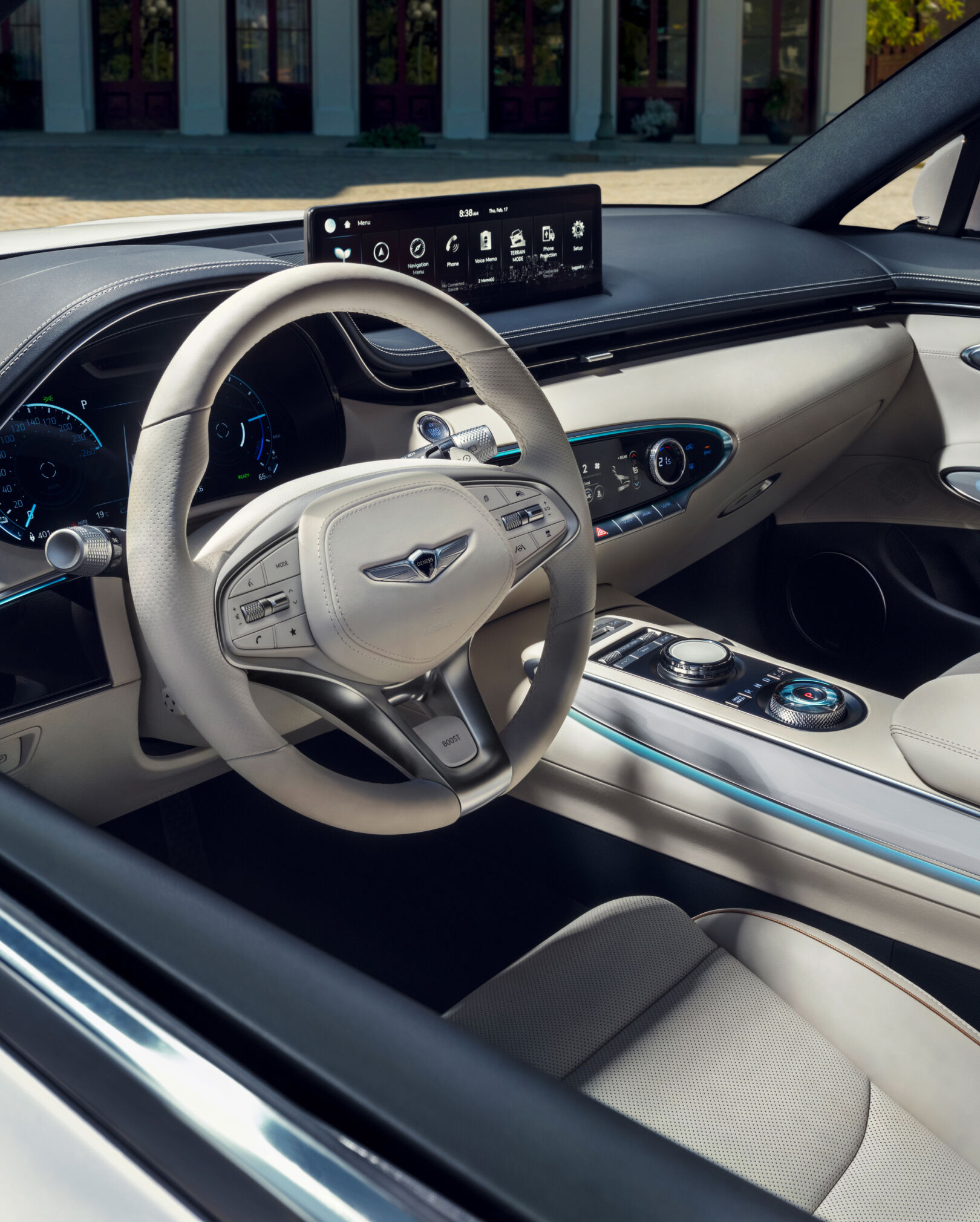 The 14.5-Inch Genesis Infotainment is seen close up from inside the car.