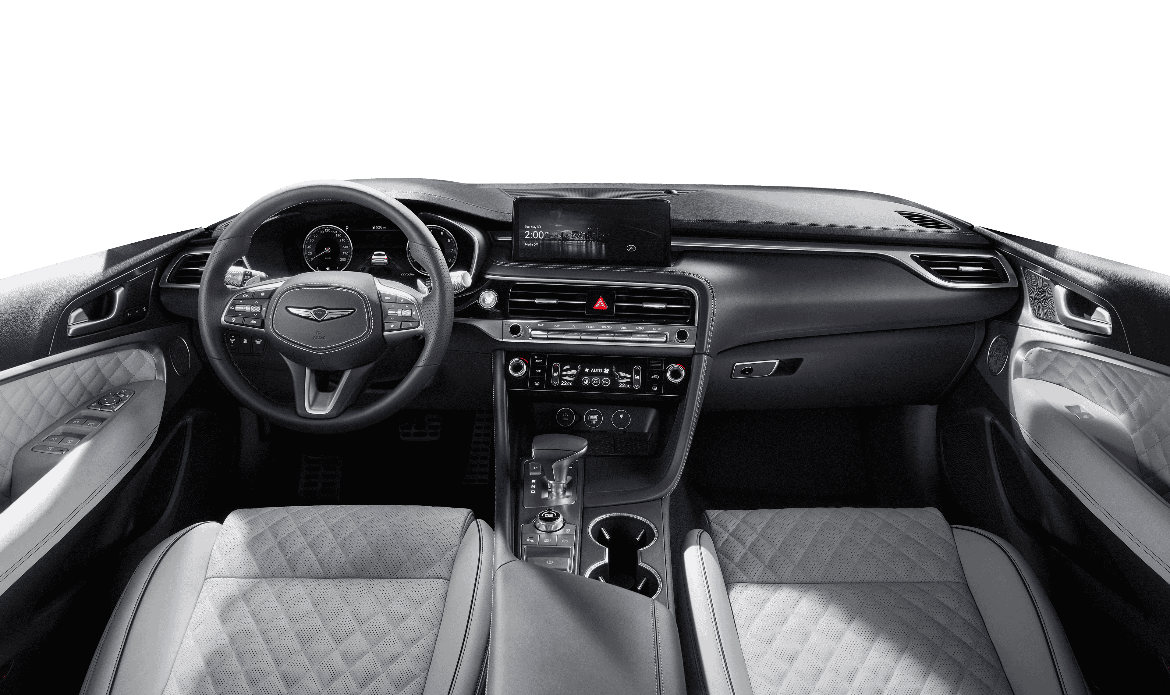 Interior cockpit of the G70 with Obsidian Black/Fog gray two-tone colour scheme. 