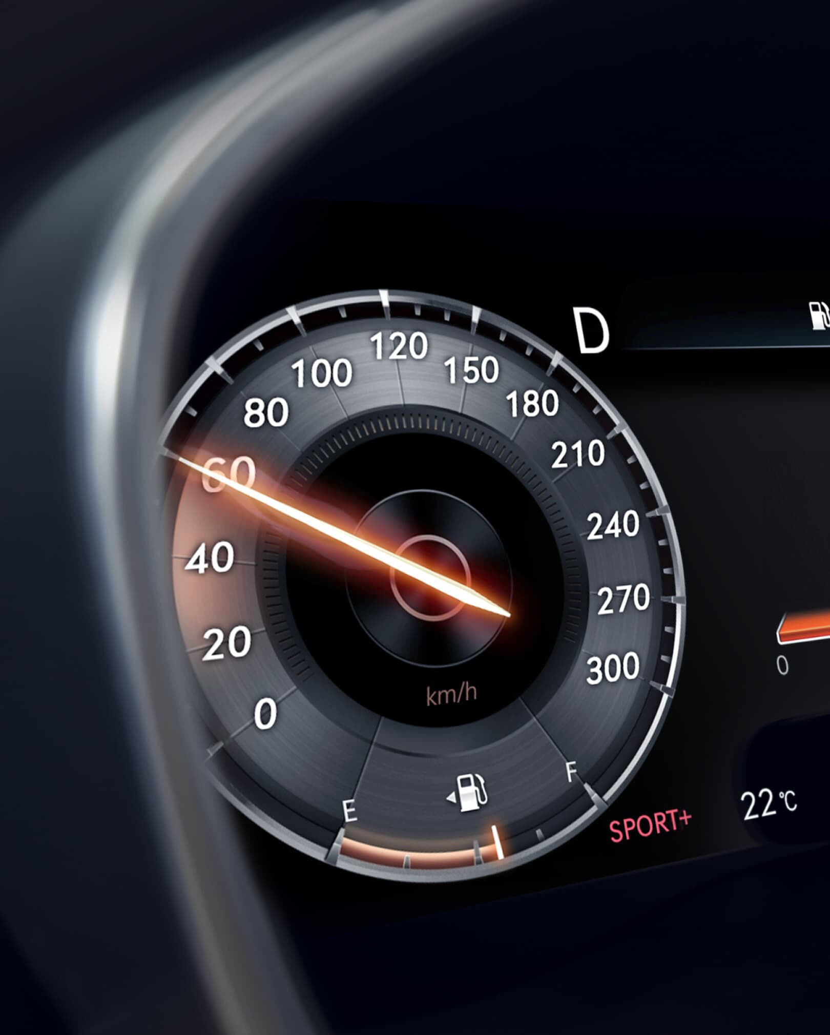 Close-up of G70 instrument cluster with Sport+ mode