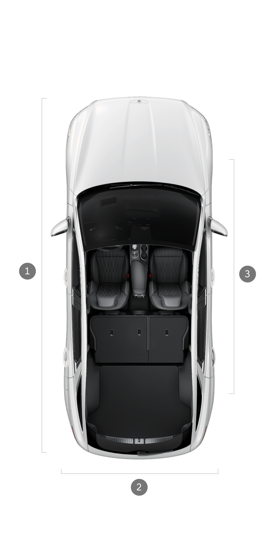 GV70 in Uyuni White is seen from above without a roof. The trunk has the rear seats folded down.