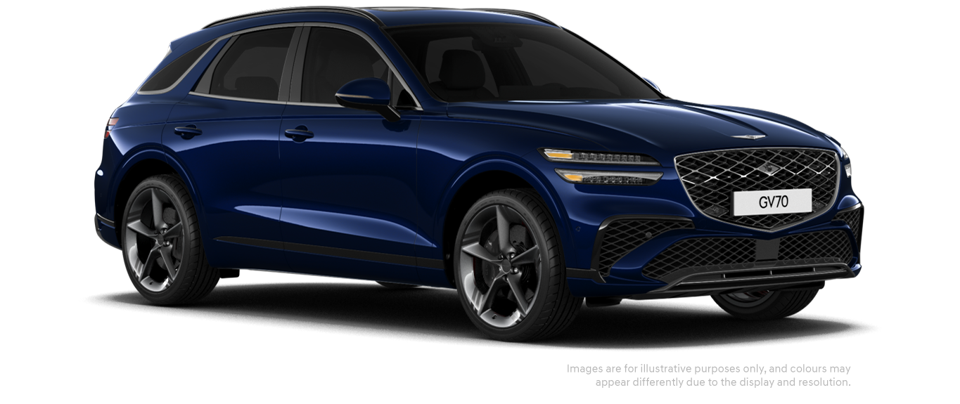 GV70 sport model in Glossy Capri Blue colour.