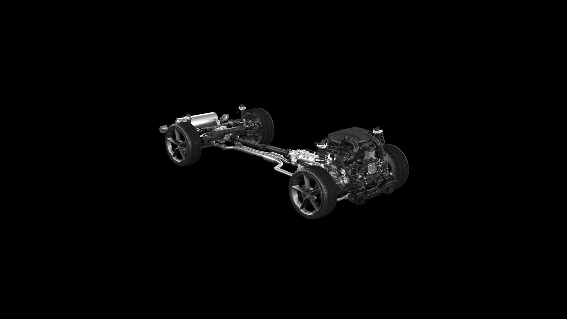 You can see the gasoline 3.5 turbo engine and all four tires.