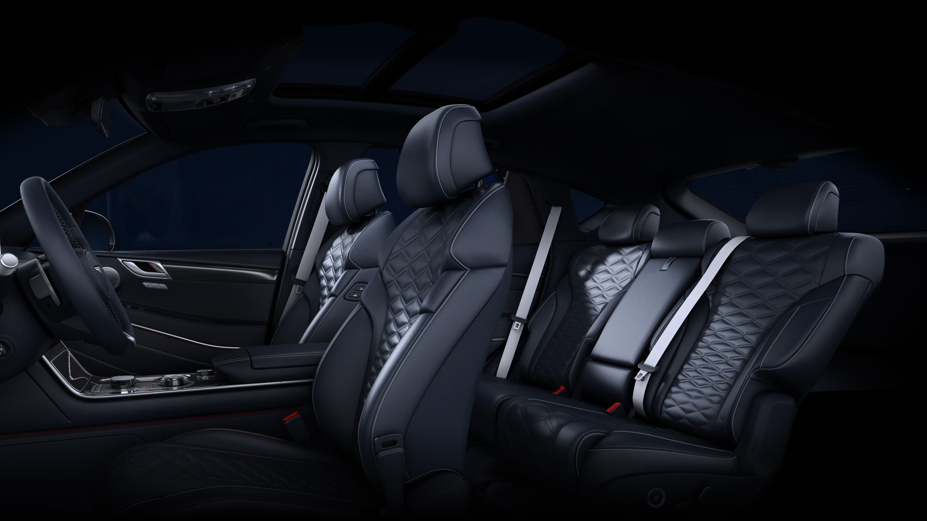 Le siège conducteur et les sièges arrière de l'intérieur Bleu ultramarine monochrome du GV80 Coupé.