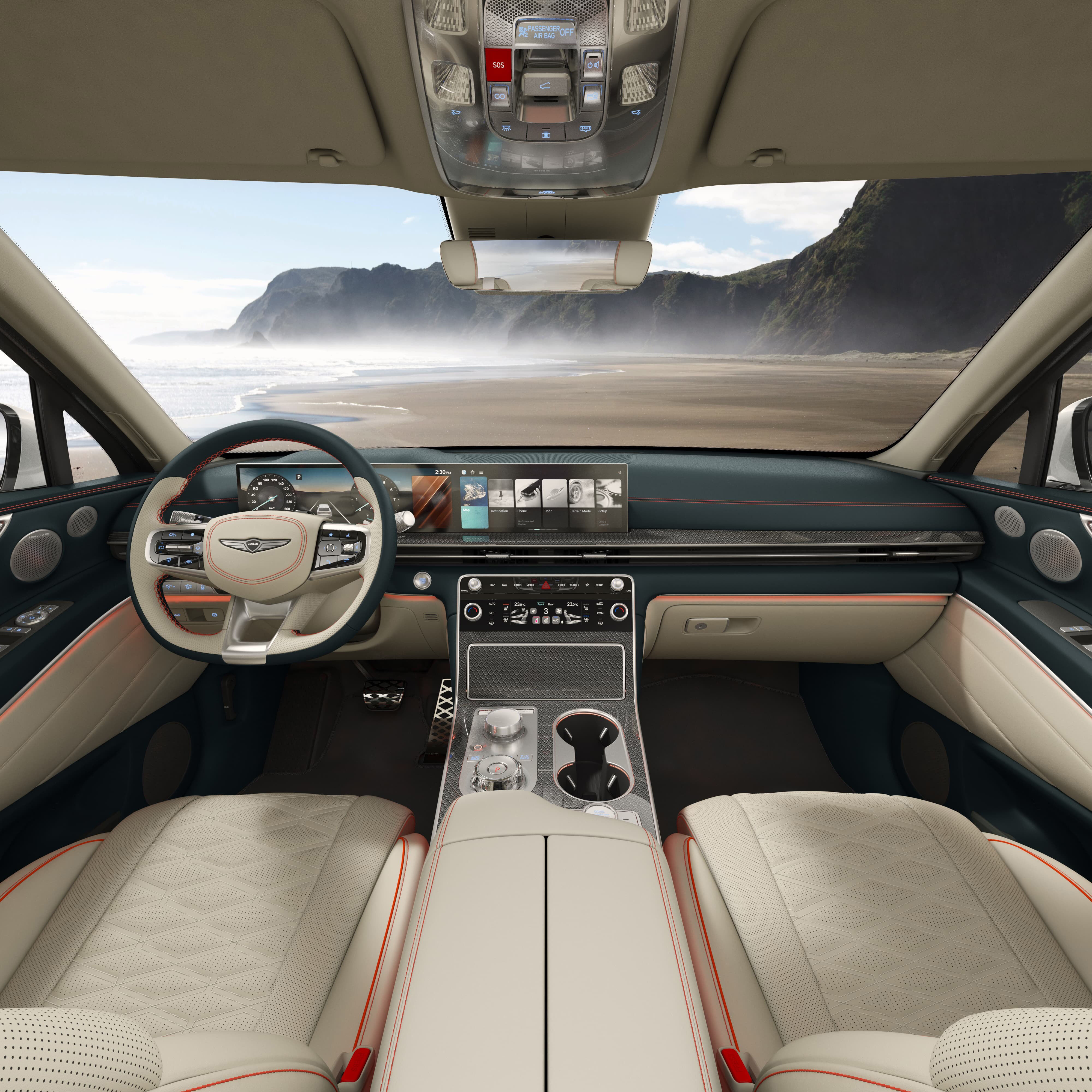 L'intérieur Vert fumé/Beige vanille deux tons du GV80 Coupé.