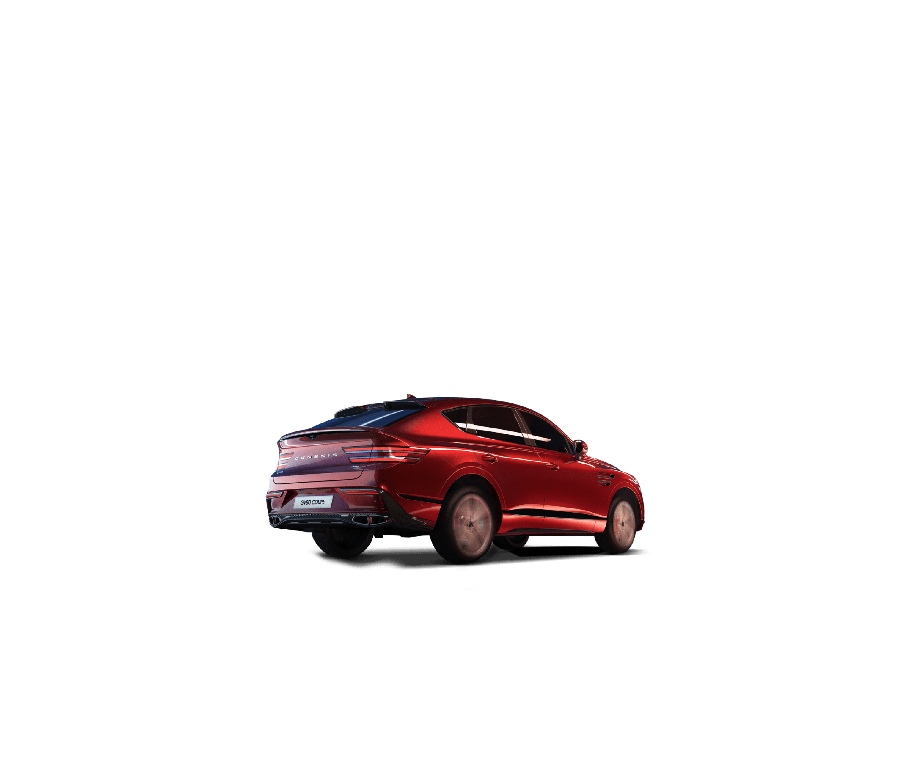 Le GV80 Coupé en Rouge Mauna roulant à vive allure dans un tunnel.