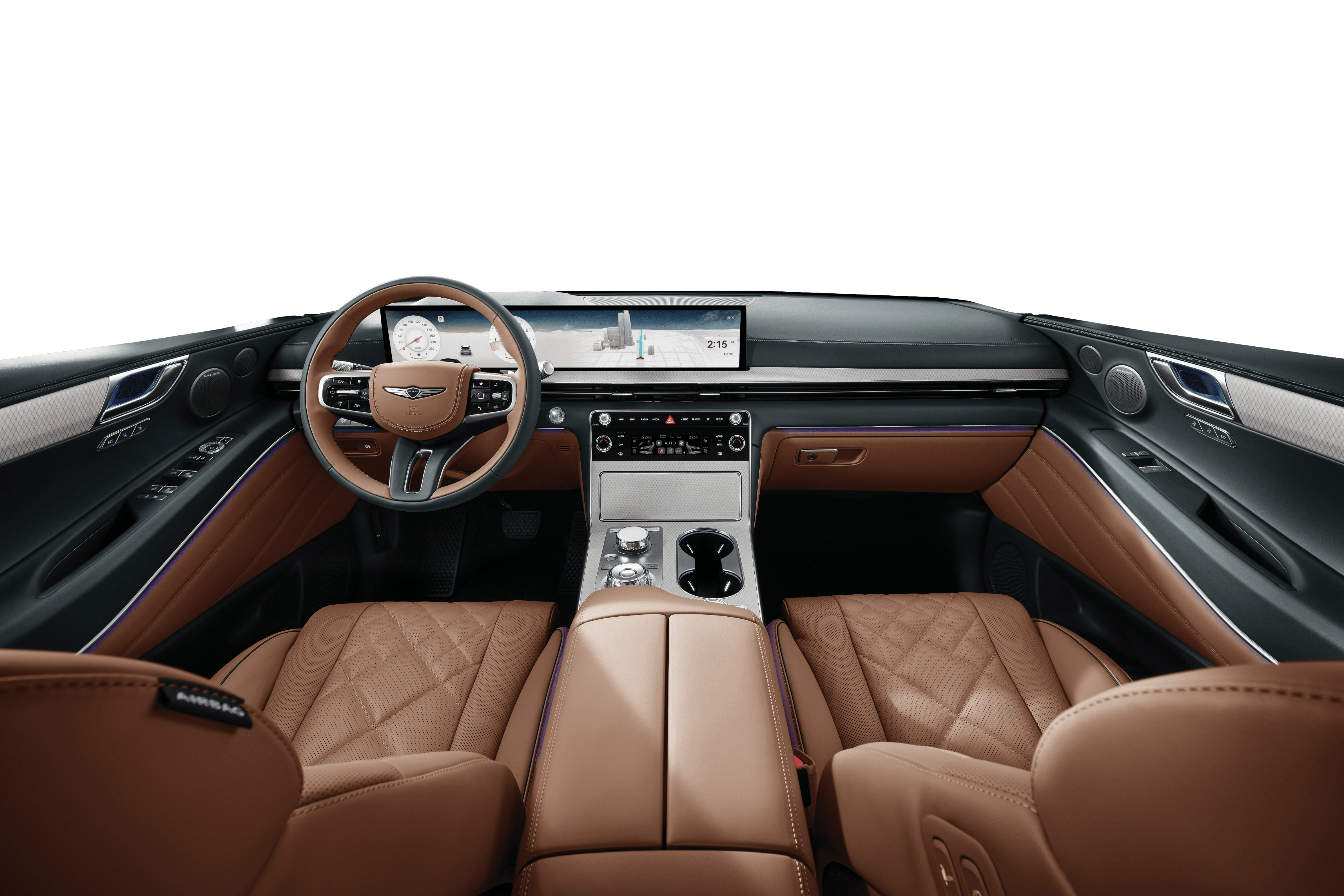  A view of GV80's Smoky Green/Earth Brown Two-tone interior.