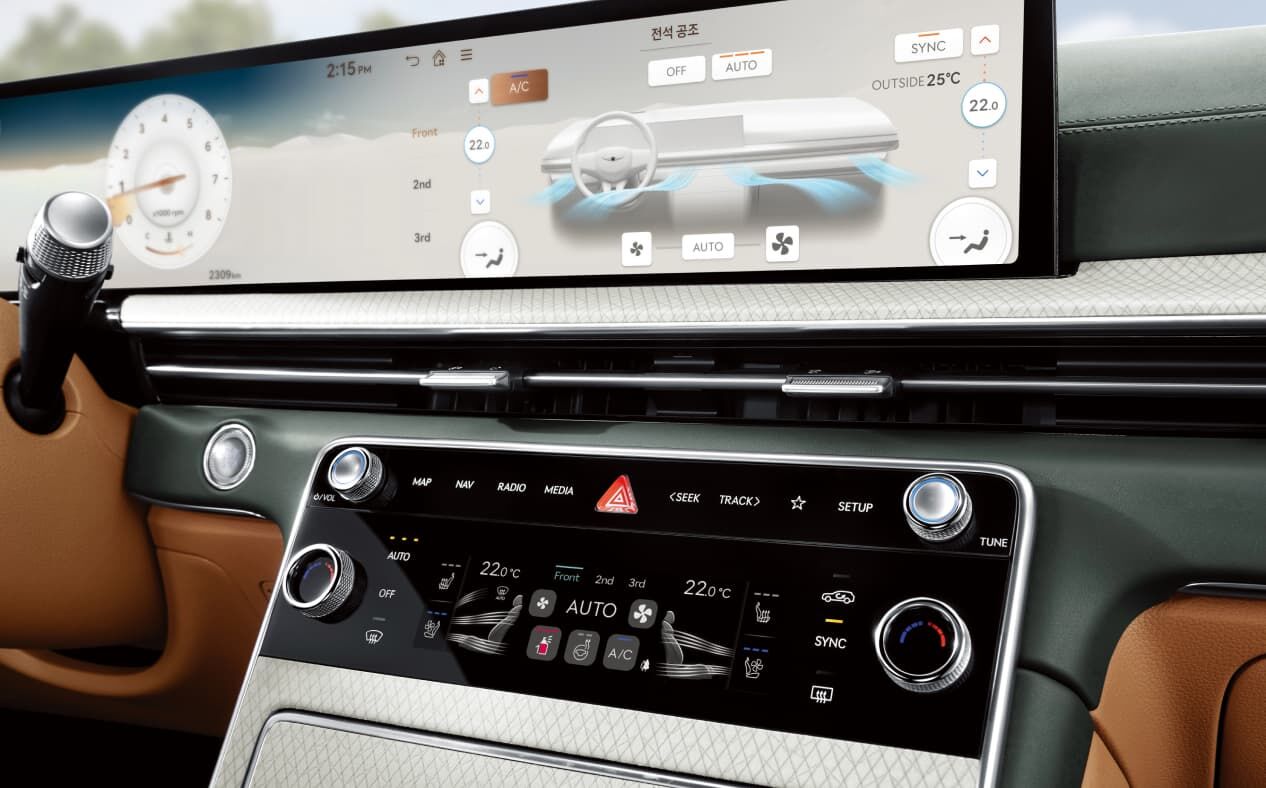 The A/C control panel inside GV80 with fragrance system turned on.