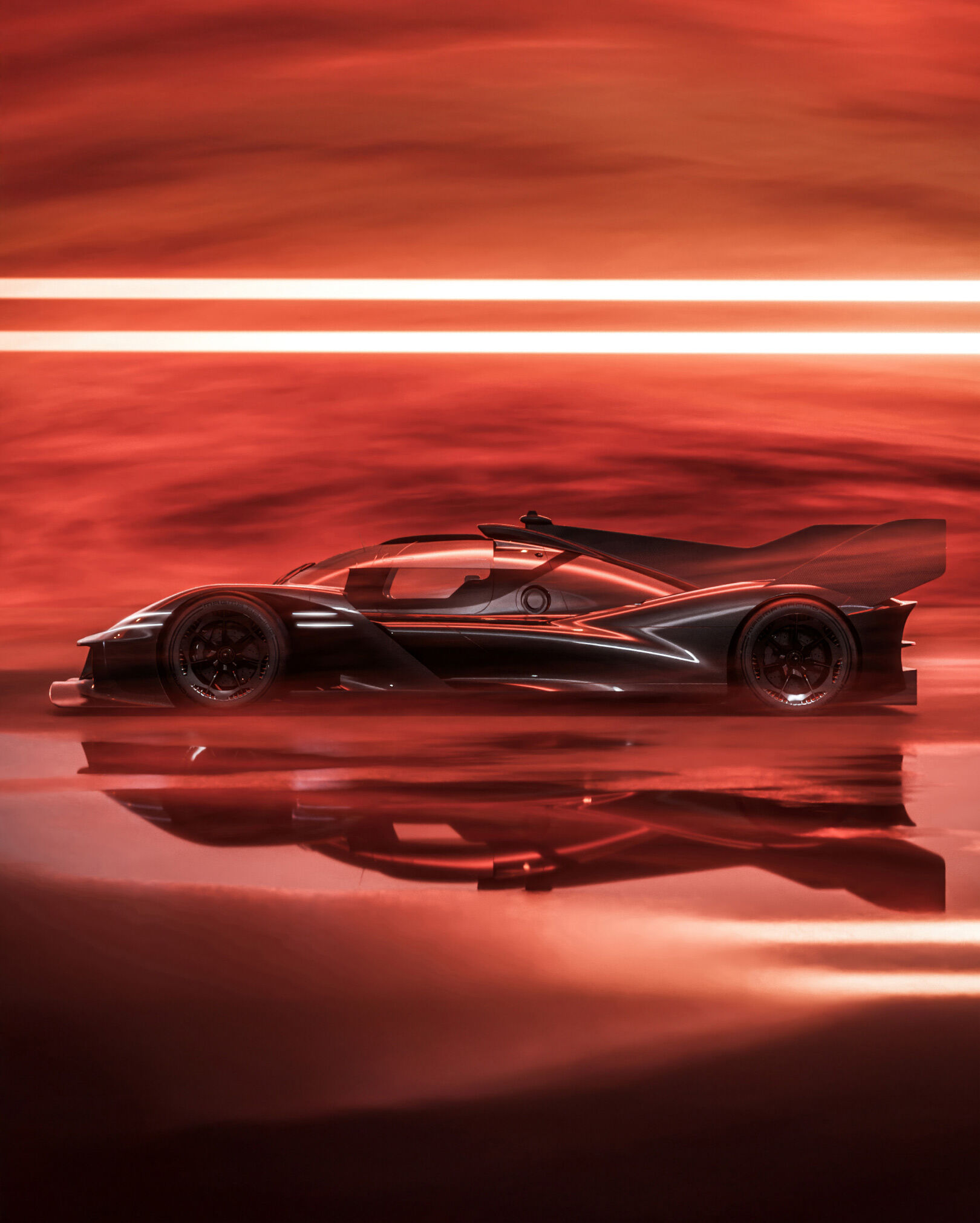 A side view of the GMR-001 hypercar. The two-line headlights and the lines on the side are striking.