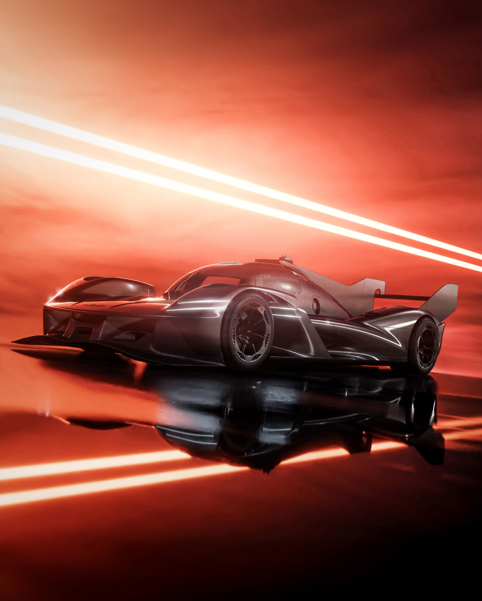 The smooth texture and glossiness of the GMR-001 hypercar catches the eye. The two-line is reflected on the orange background.