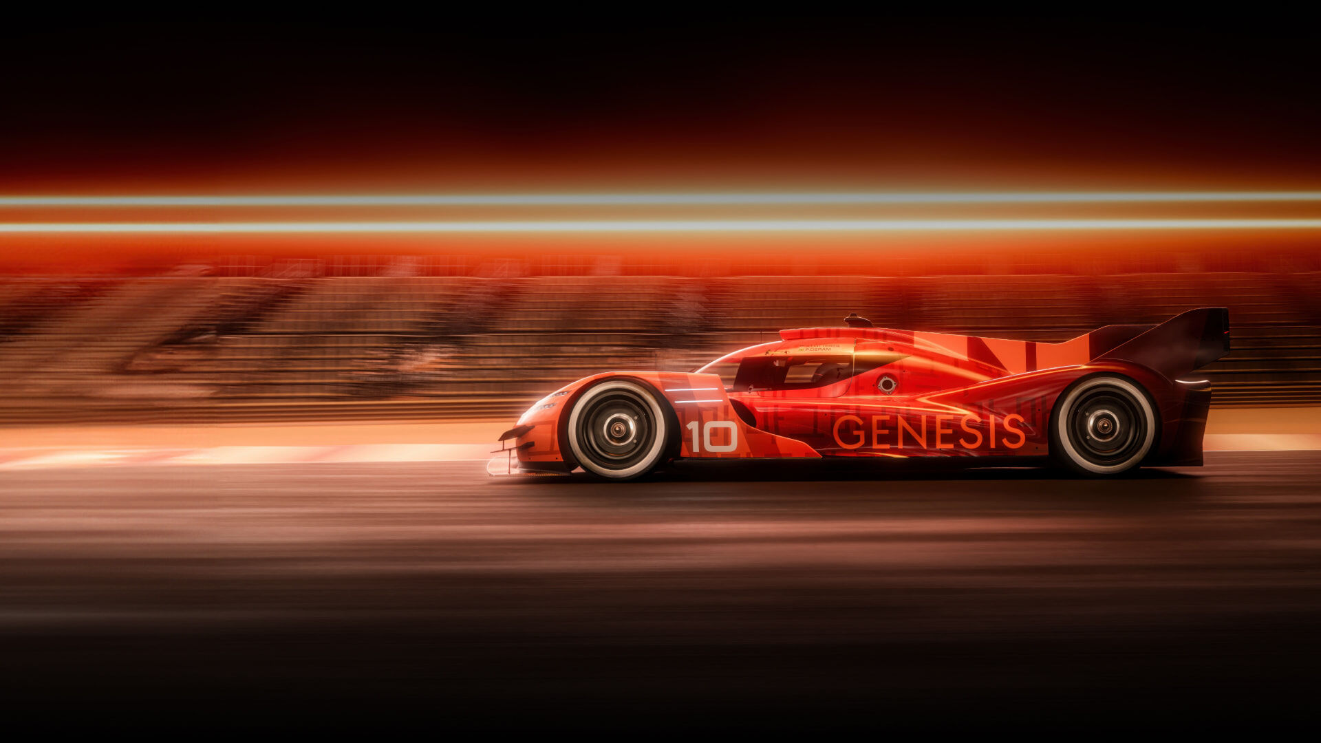 The smooth texture and gloss of the orange GMR-001 hypercar catches your eye. Two lines are shining on the orange background.