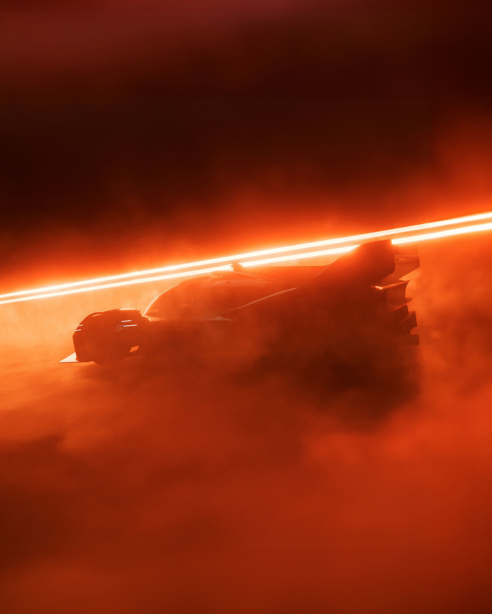 The GMR-001 Hypercar stands inside an orange smoke, with two orange lines behind it.