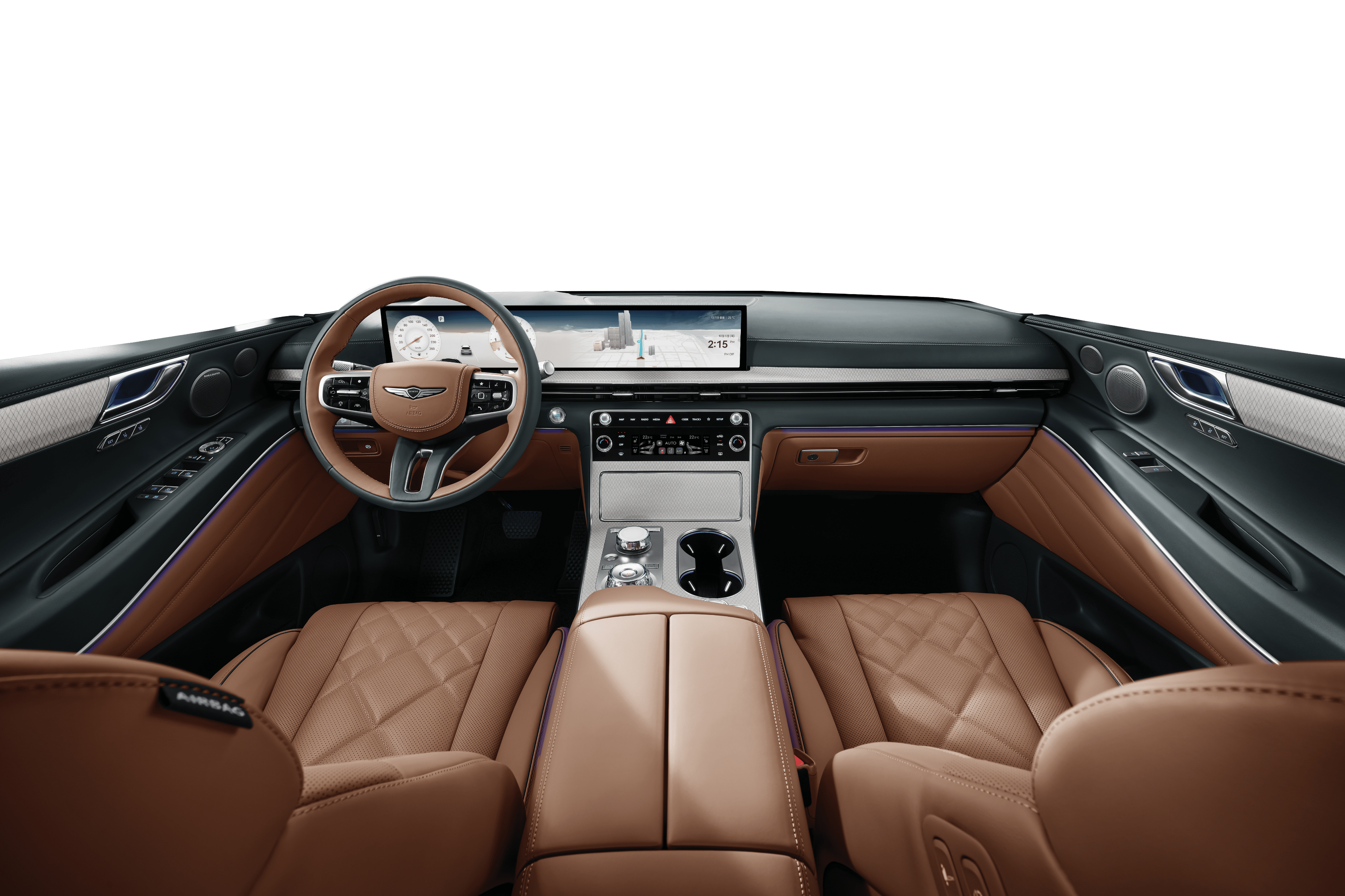 A view of GV80's Smoky Green/Earth Brown Two-tone interior.
