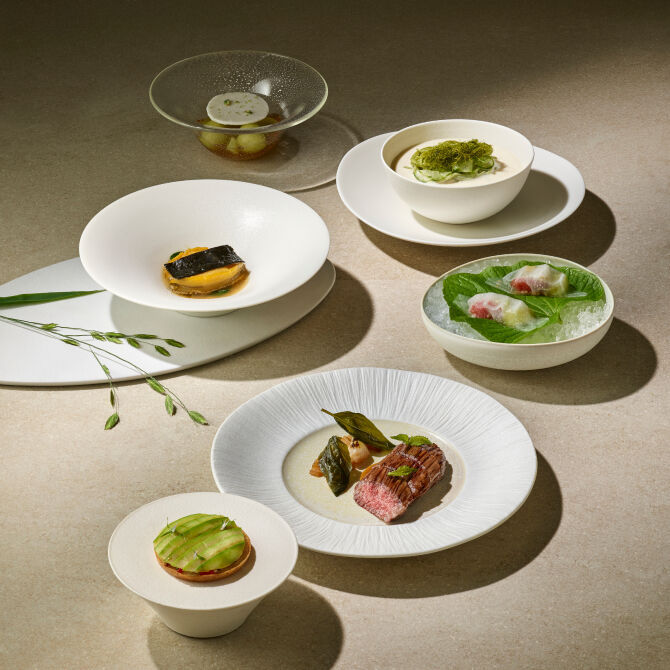A pristine white plate artfully arranged with grilled delicacies, fresh seasonal vegetables, and a refined dessert.