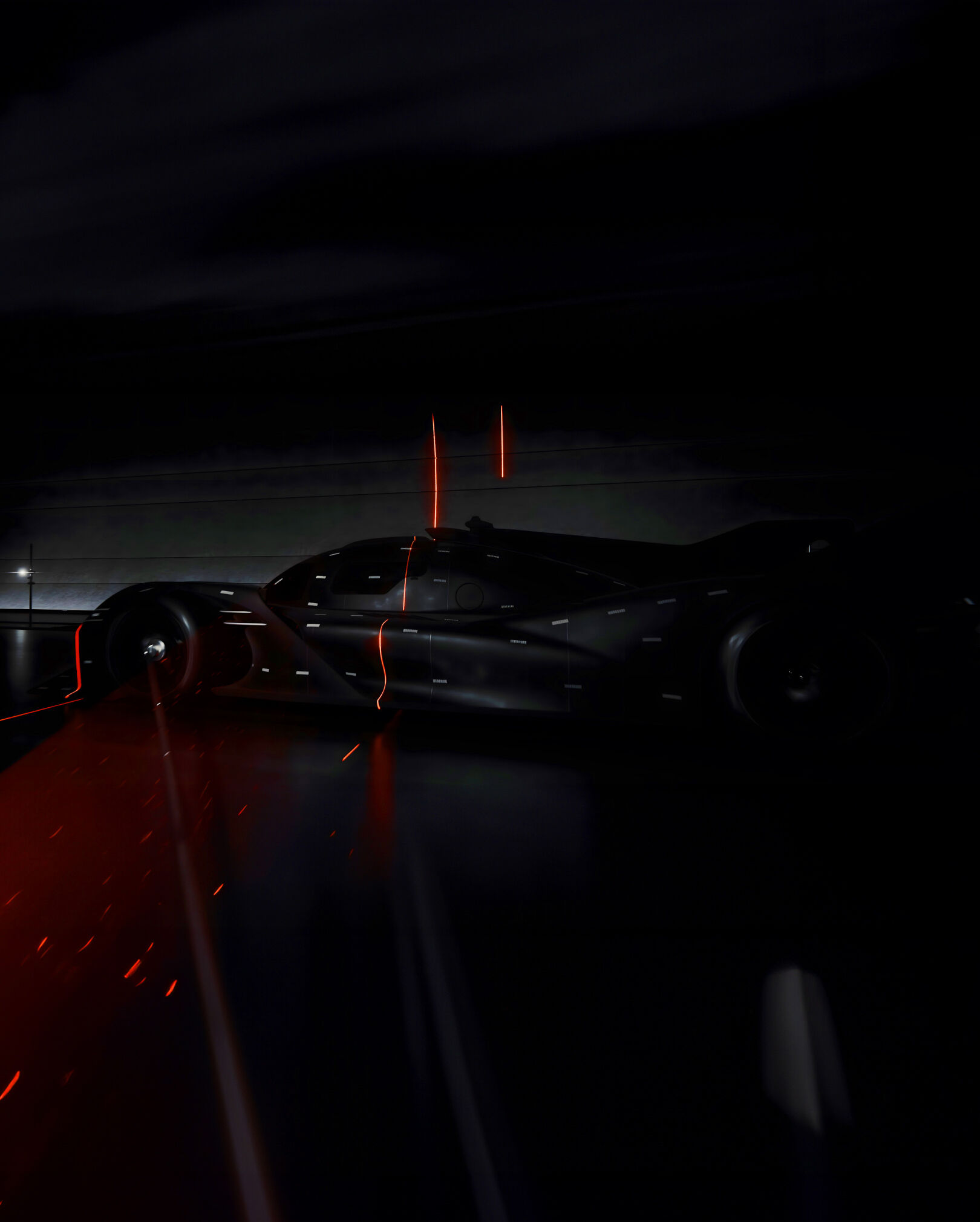 The GMR-001 hypercar stands shining in the thick fog, with an orange two-line light passing behind the car.
