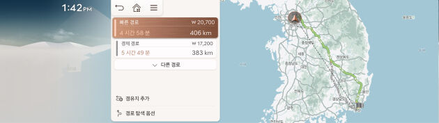 내비게이션 경로선택 화면(추천경로, 최소시간경로)