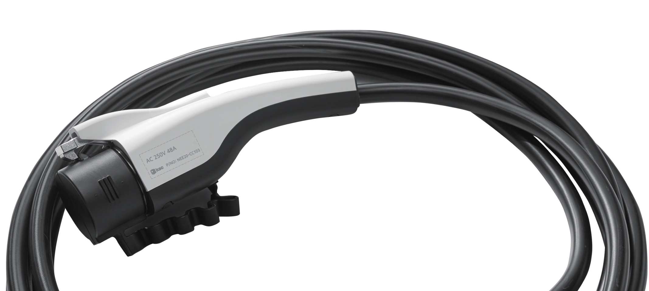 The cable for charging an electric car is coiled in rounds.
