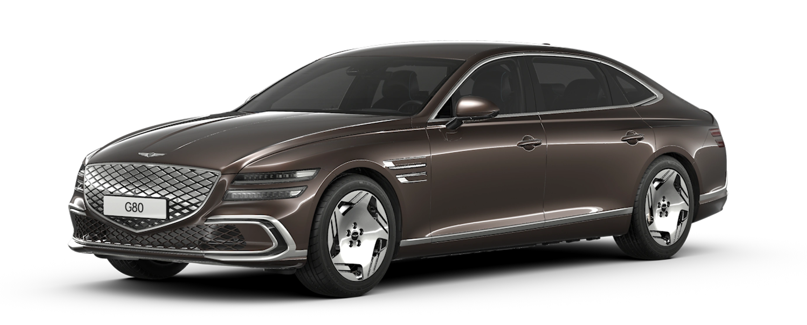 An exterior design image of the Electrified G80 in Glossy Brooklyn Brown color.