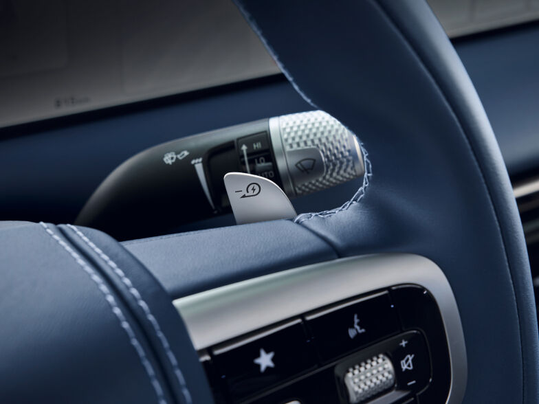 Some of the steering wheel of your vehicle is zoomed in.  Control buttons are visible that allow you to control specific functions.