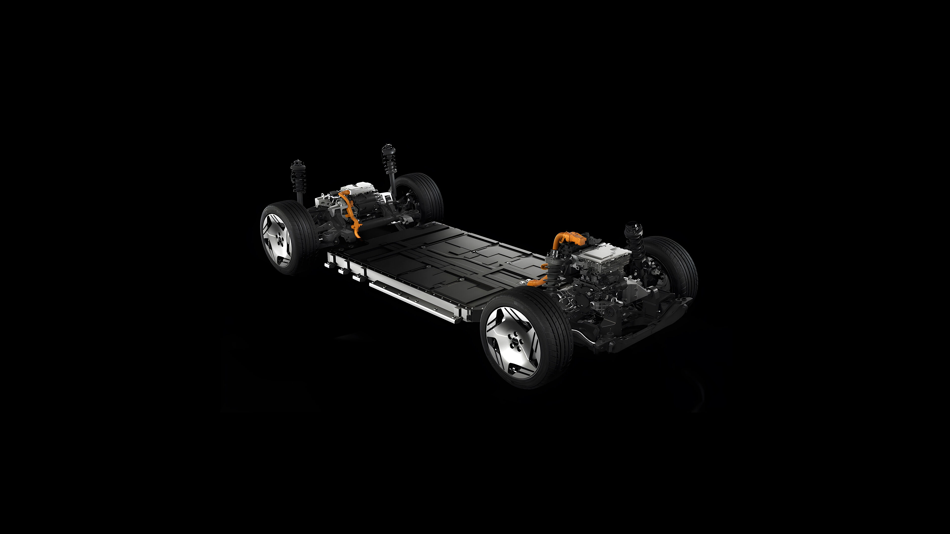 A view of the Electrified G80 in Vik Black, looking down from the top left. Scroll down to reveal the interior parts of the car with removal of the exterior.