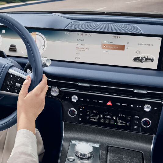 View the high-resolution panoramic display located in front of the front seats and the central control panel located between the driver and passenger seats.