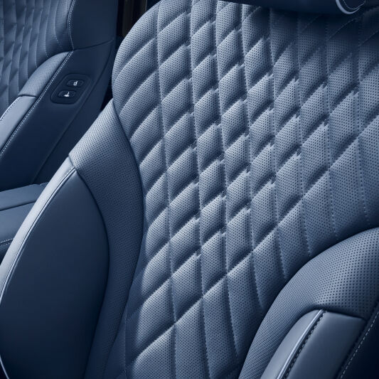 The leather seats in blue for the texture is highlighted. 