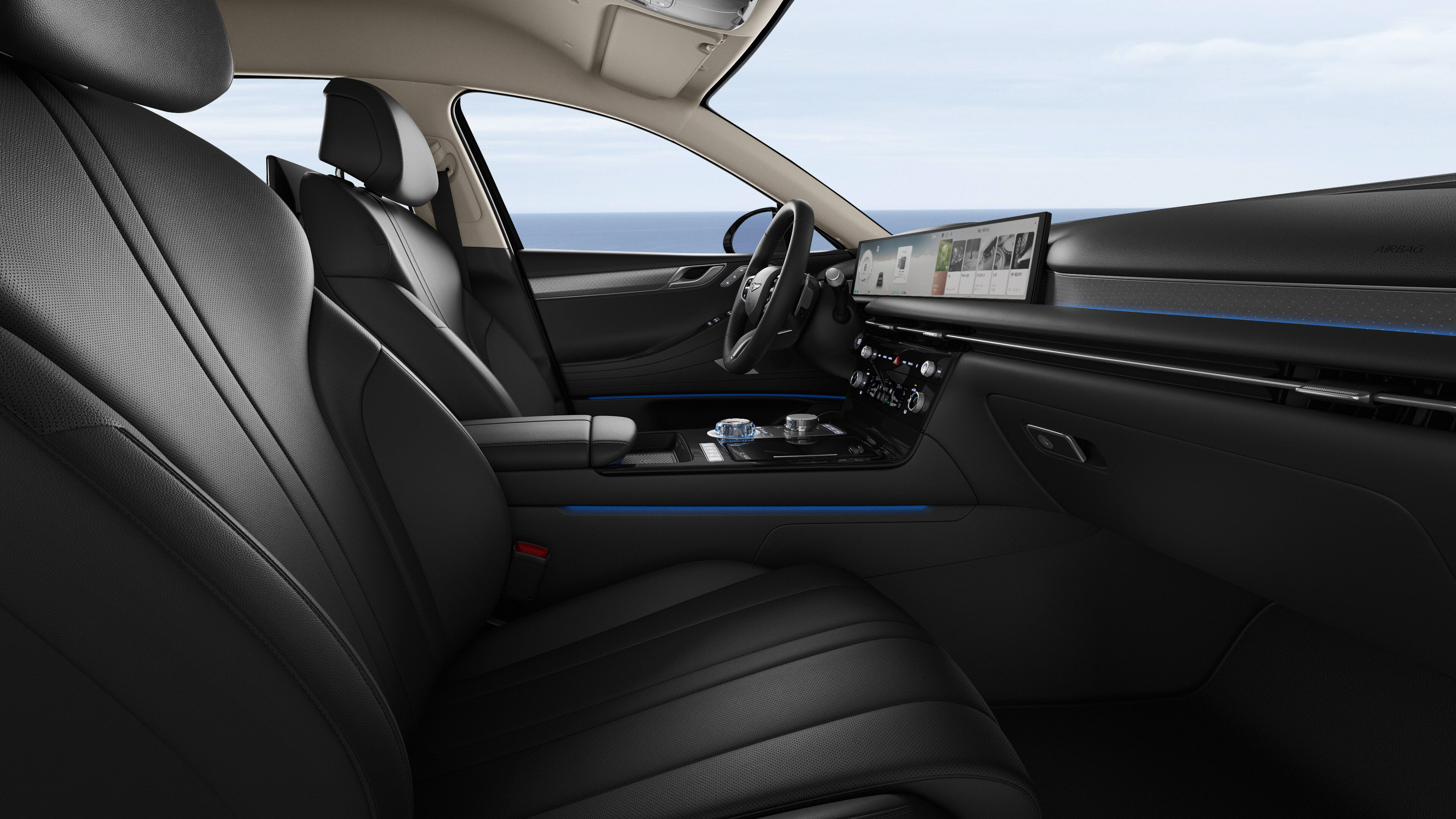 The interior of an Electrified G80 with the Obsidian Black Mono-tone color is shown.