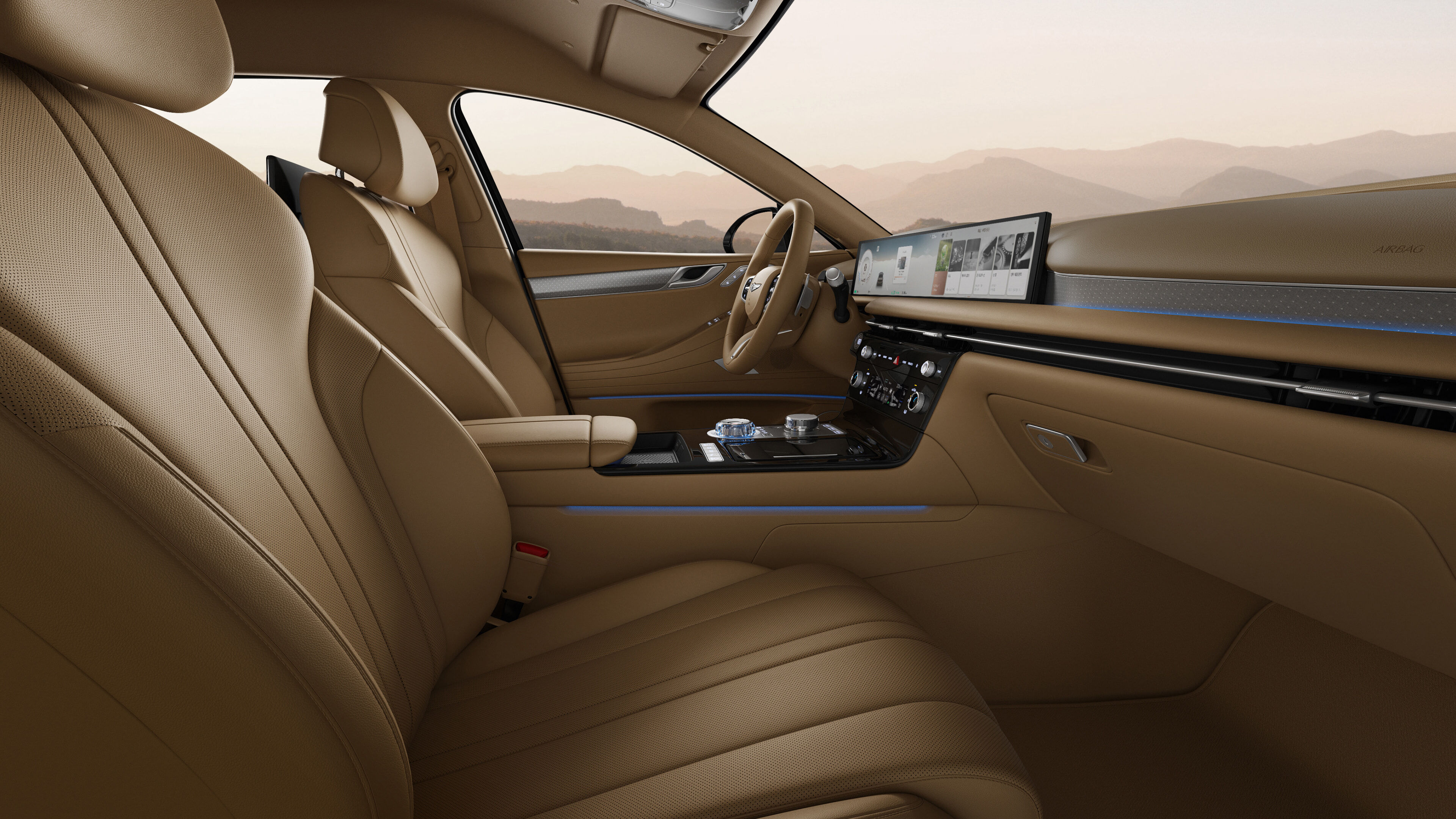 The interior of an Electrified G80 with the Ecru Camel Mono-tone color is shown.