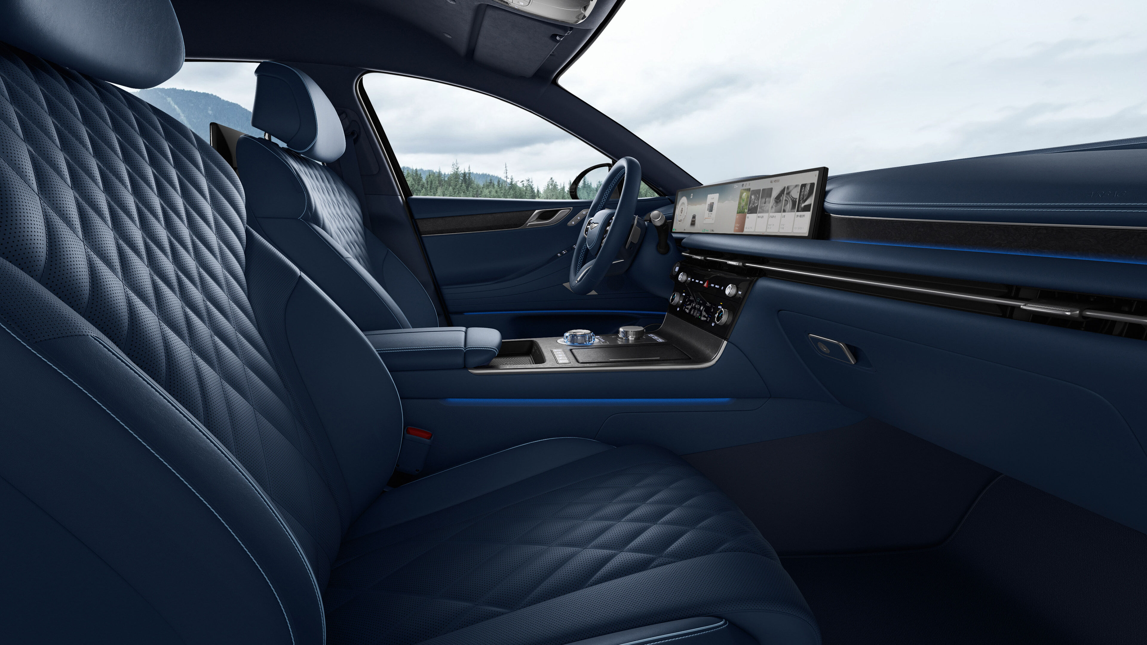 The interior of an Electrified G80 with a Prussian Blue Mono-tone color is shown.
