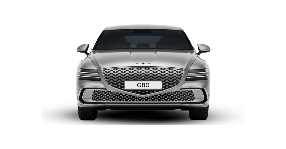 The front side view of the Electrified G80 vehicle in glossy Vik Black.