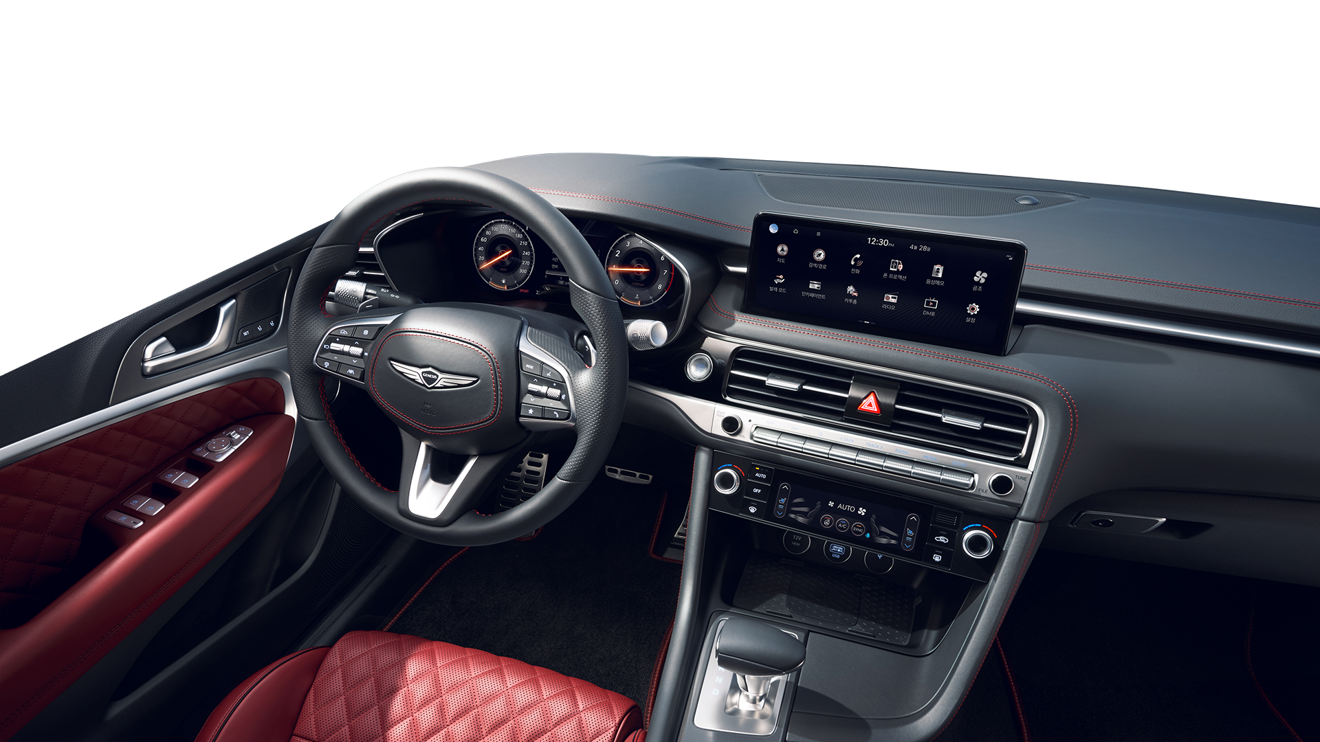 The interior of the G70 Shooting Brake in Obsidian Black/Sevilla Red Two-tone.