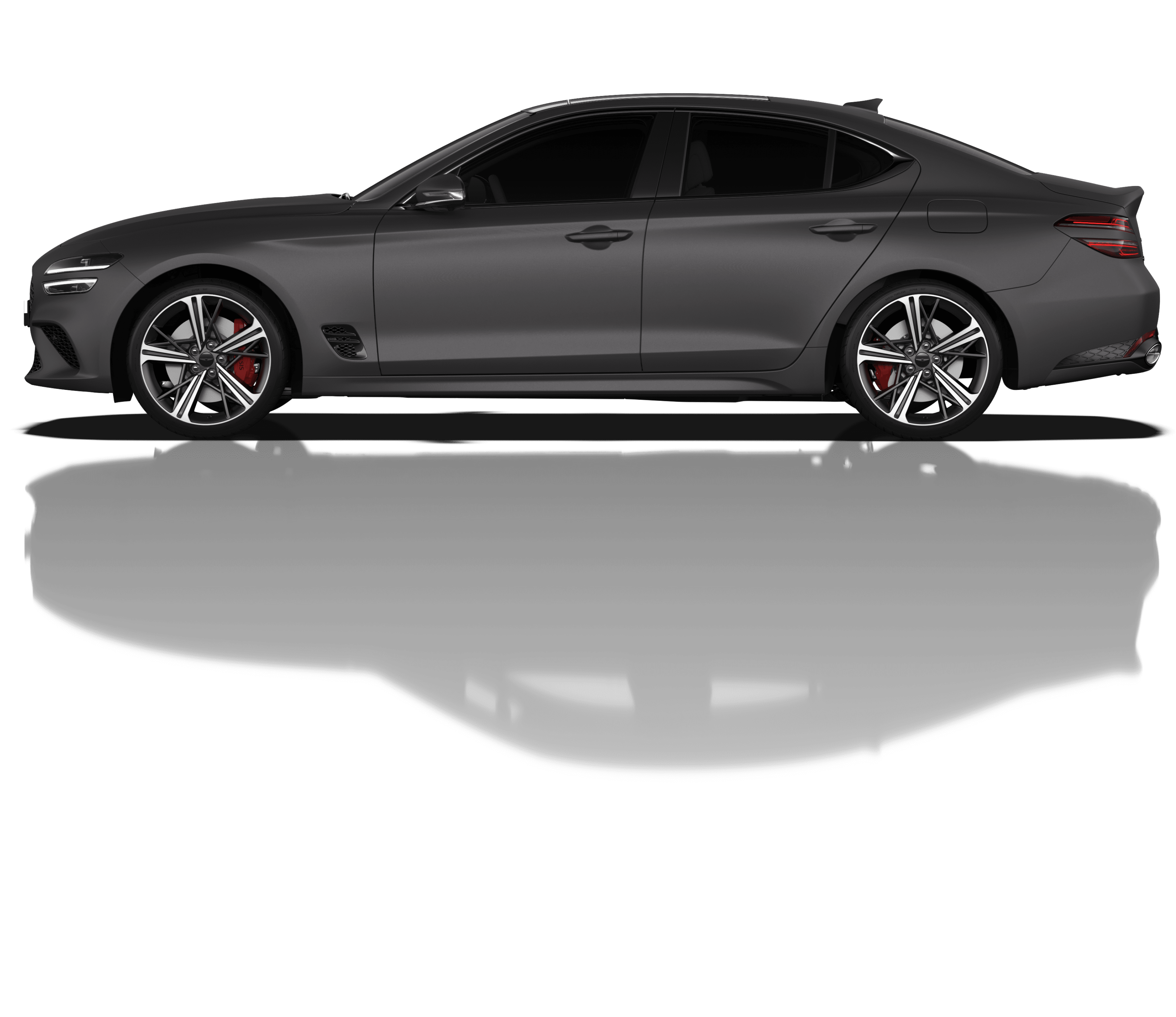 The front wheel and lights on the driver's side of the G70 Sports model in Makalu Gray.