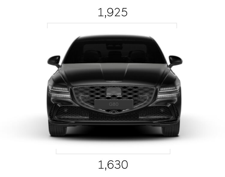 비크 블색 색상 G80 Black의 전면 이미지와 치수 정보가 보입니다. (전폭: 1,925mm / 윤거 전: 1,630mm)