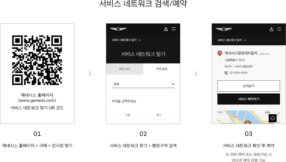 서비스 네트워크 검색/예약 이미지
제네시스 홈페이지(www.genesis.com) 
서비스 네트워크 찾기 QR코드 - url: www.genesis.com/kr/ko/members/vehicle-management-service/genesis-service-network.html
1단계 제네시스 홈페이지 > 구매 > 전시장 찾기 
2단계 서비스 네트워크 찾기 > 행정구역 검색
3단계 서비스 네트워크 확인 후 예약 ※ 전화예약 또는 회원가입시 인터넷 예약 진행 가능
