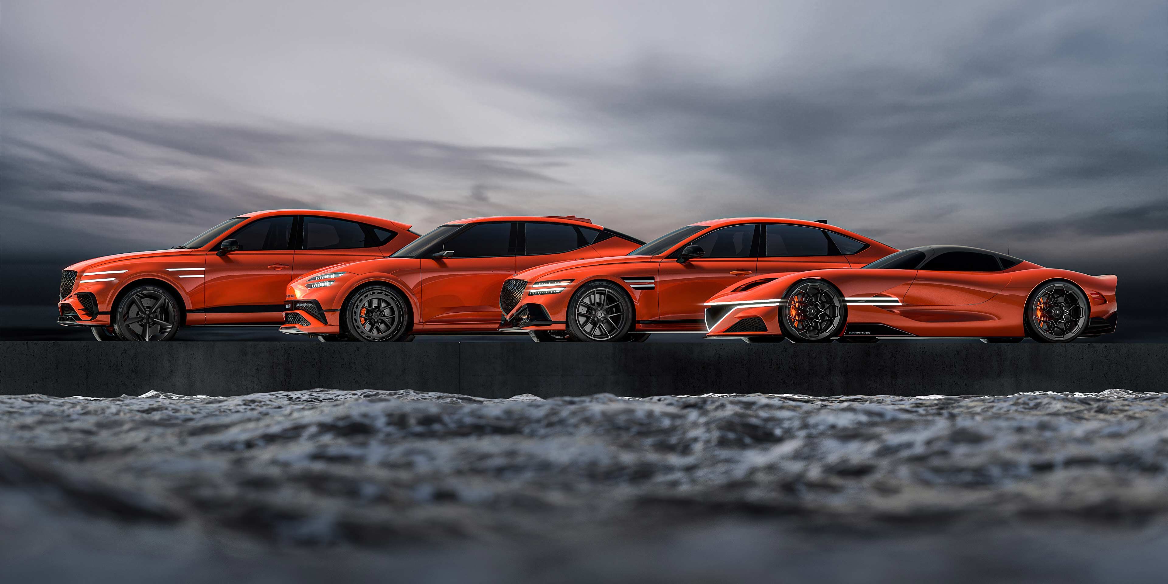 The four Genesis Magma vehicles can be seen: Genesis G80 Magma Special, GV60 Magma Concept, GV80 Coupe Concept and X Gran Berlinetta Concept.