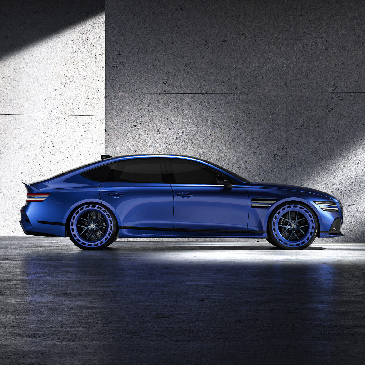 Blue-colored Genesis G80 EV Magma Concept's headlights are on, covered in a blue backdrop and fog.