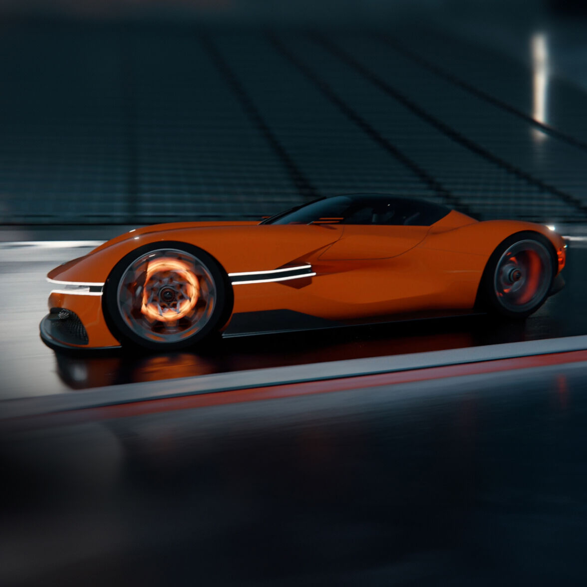 The Genesis X Gran Berlinetta Concept speeds through a dark indoor space. Its dual front lamps shine brightly, with a noticeable red glow from the front wheels.