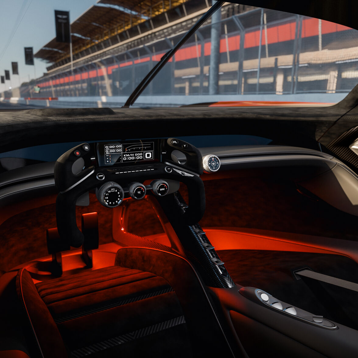 The black-interior of the Genesis X Gran Racer is played, with the steer-by-wire yoke lit up with the digital interface on its center.