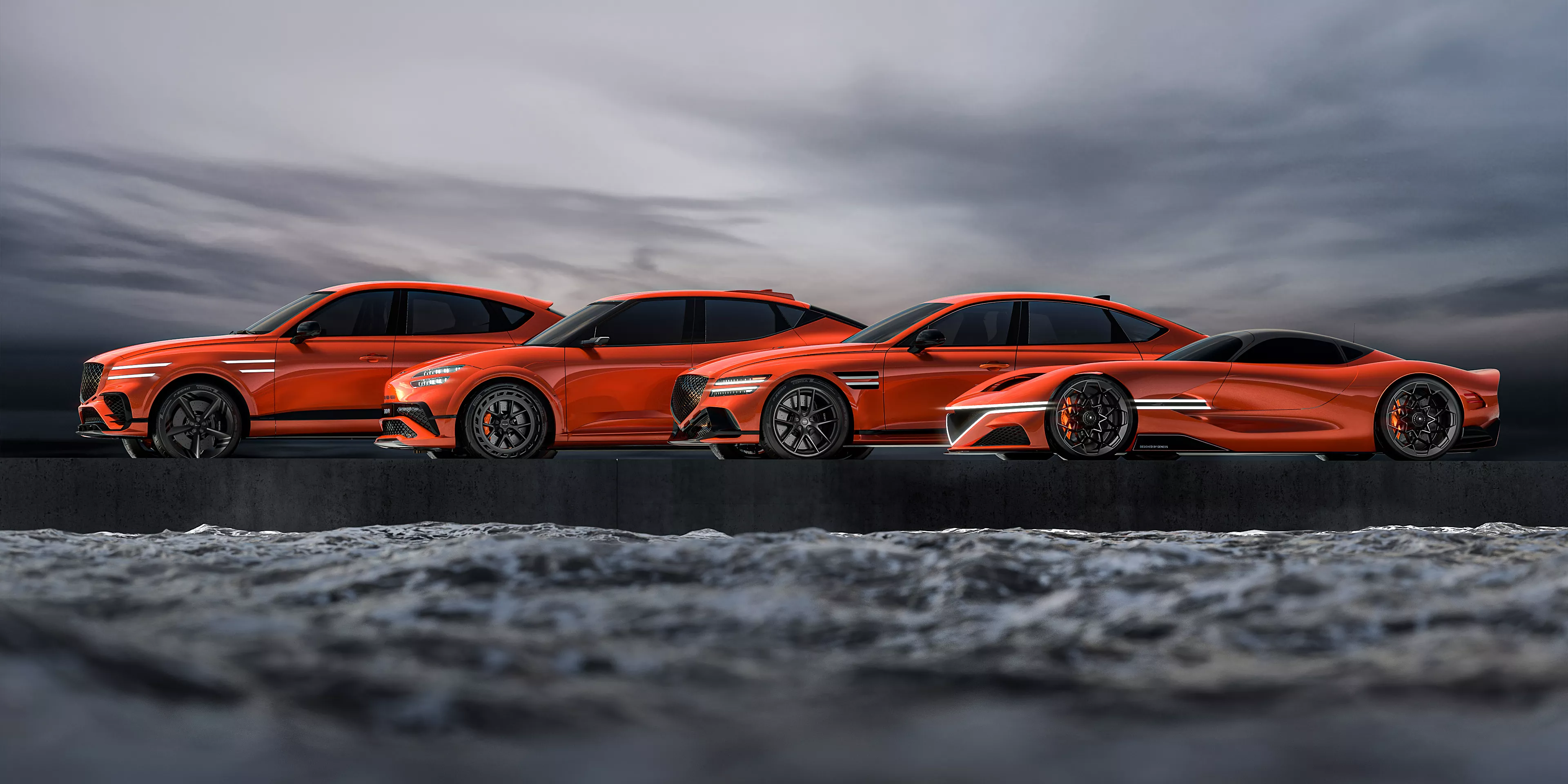The four Genesis Magma vehicles can be seen: Genesis G80 Magma Special, GV60 Magma Concept, GV80 Coupe Concept and X Gran Berlinetta Concept.
