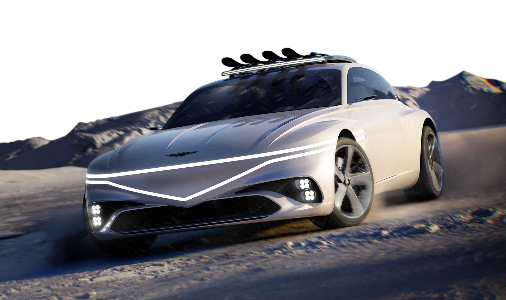 Genesis X Snow Speedium concept car sits atop a snowy mountain. Its front can be seen, with headlights lit up.