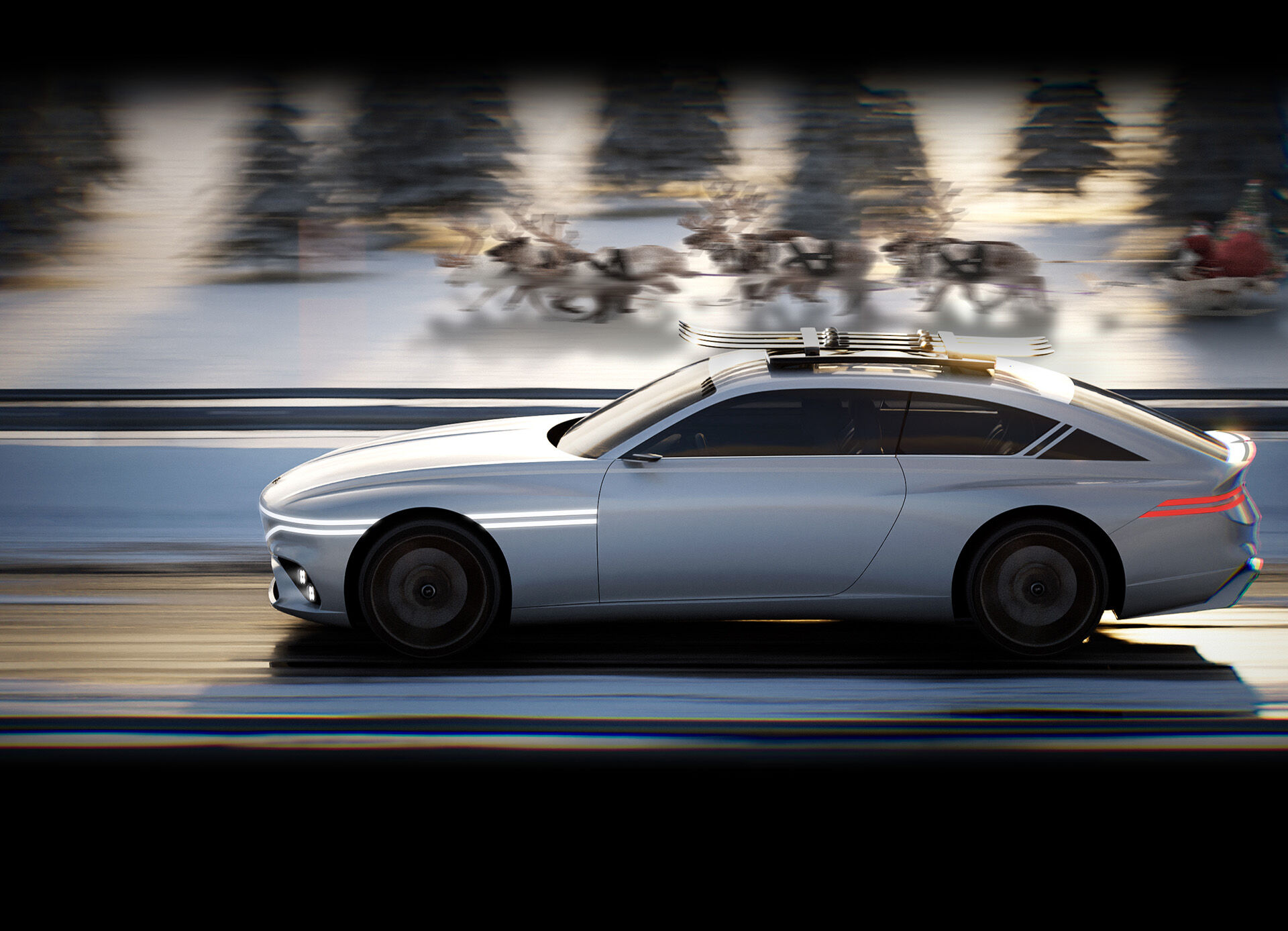 This is a side view of the white-colored Genesis X Snow Speedium concept vehicle driving through the snow.