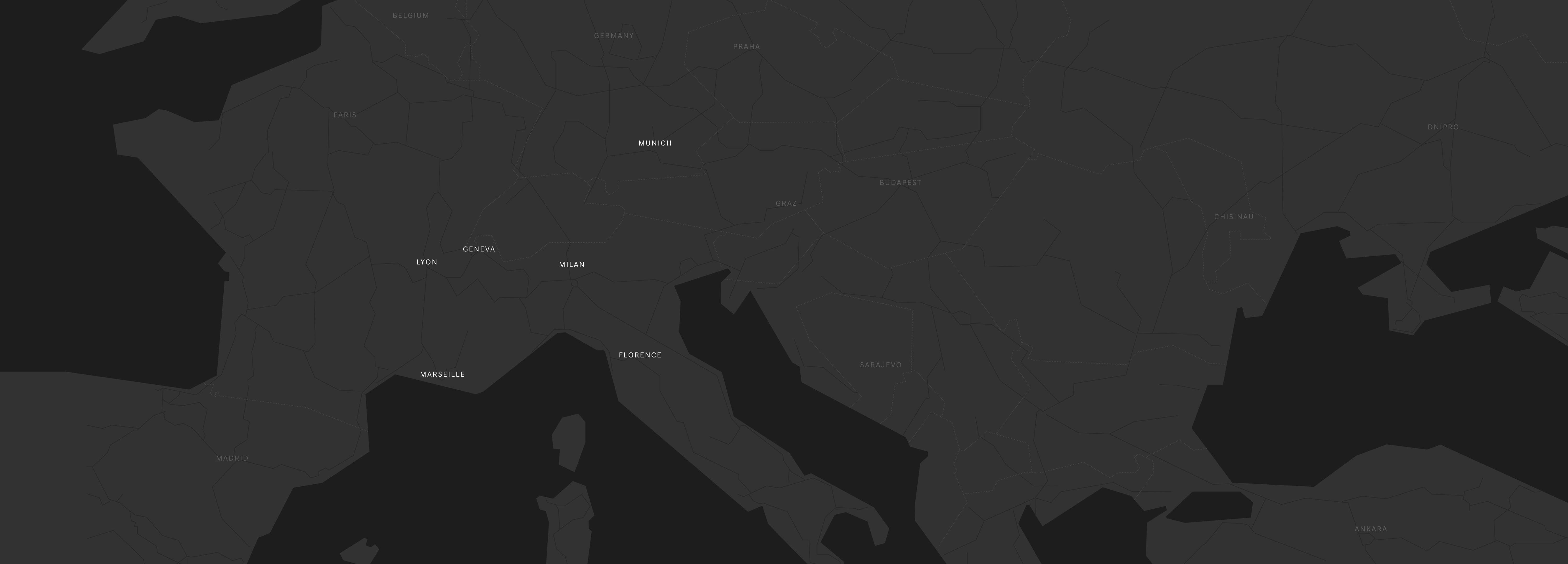 A map shows the driving range through continental Europe from Milan, spanning Marseille, Lyon, Geneva, Munich, and Florence.