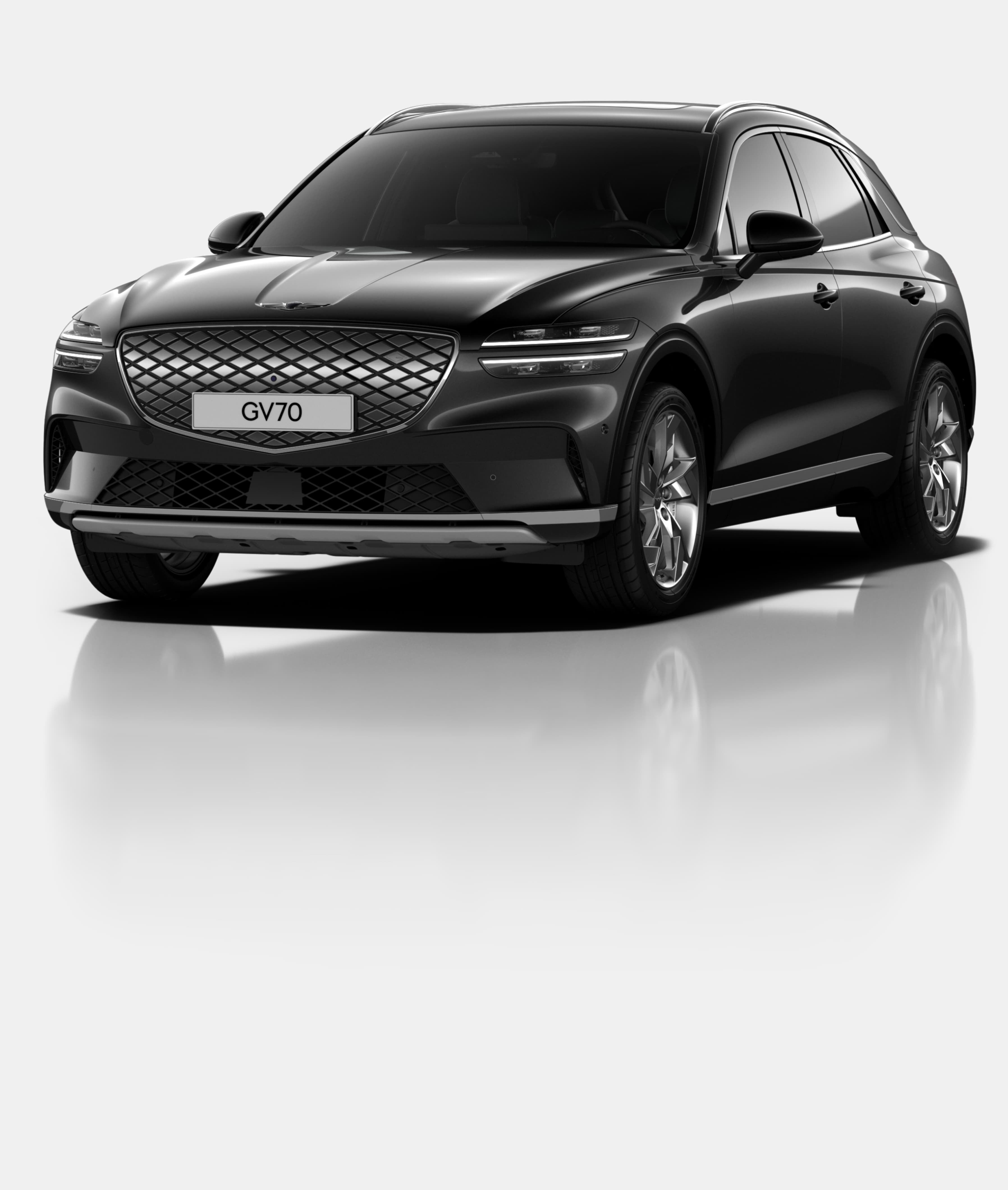 A front view of the Electrified GV70 with the G-Matrix Patterned Grille as the focal point.