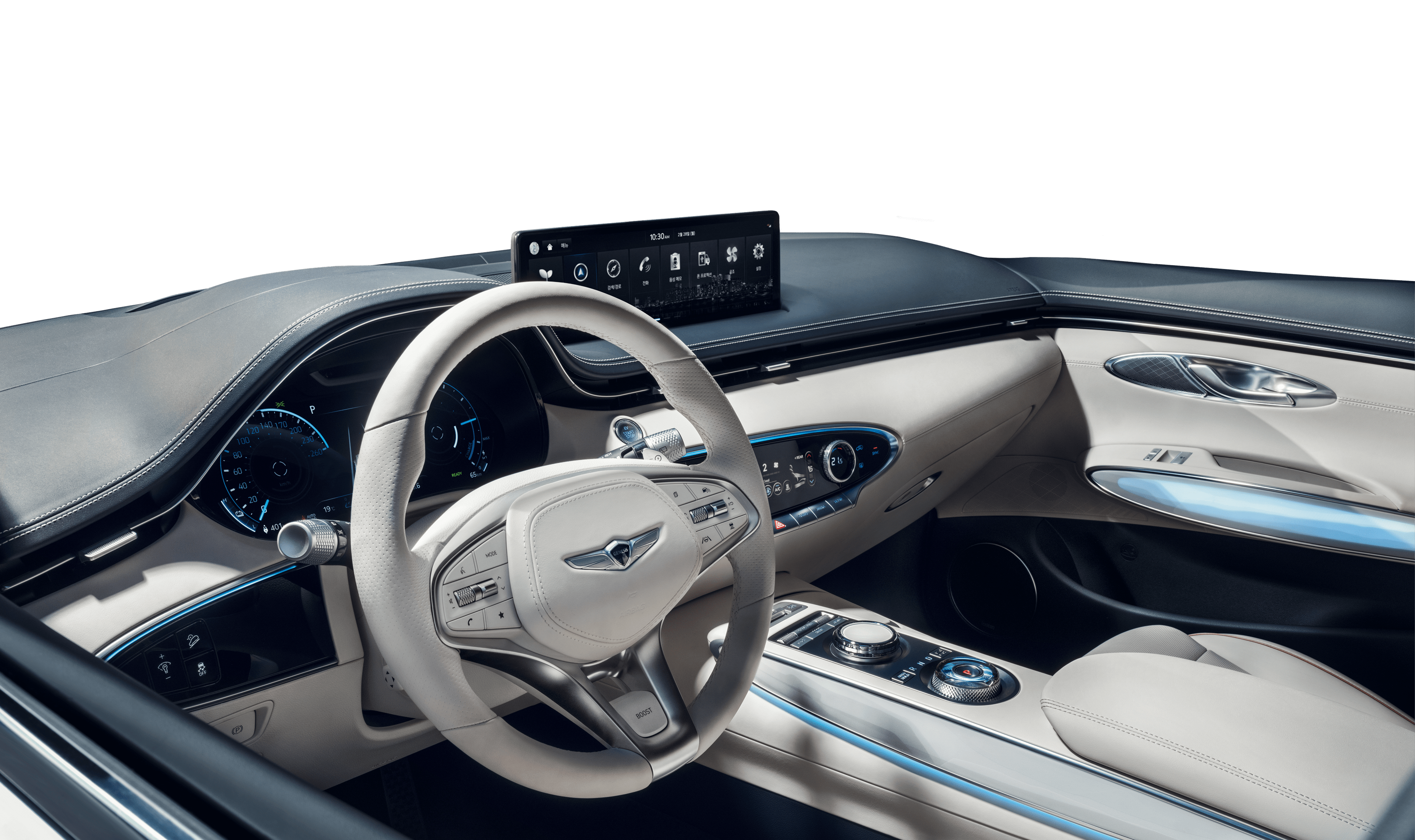 The driving area interior has an Ocean Wave Blue & Glacier White color scheme.