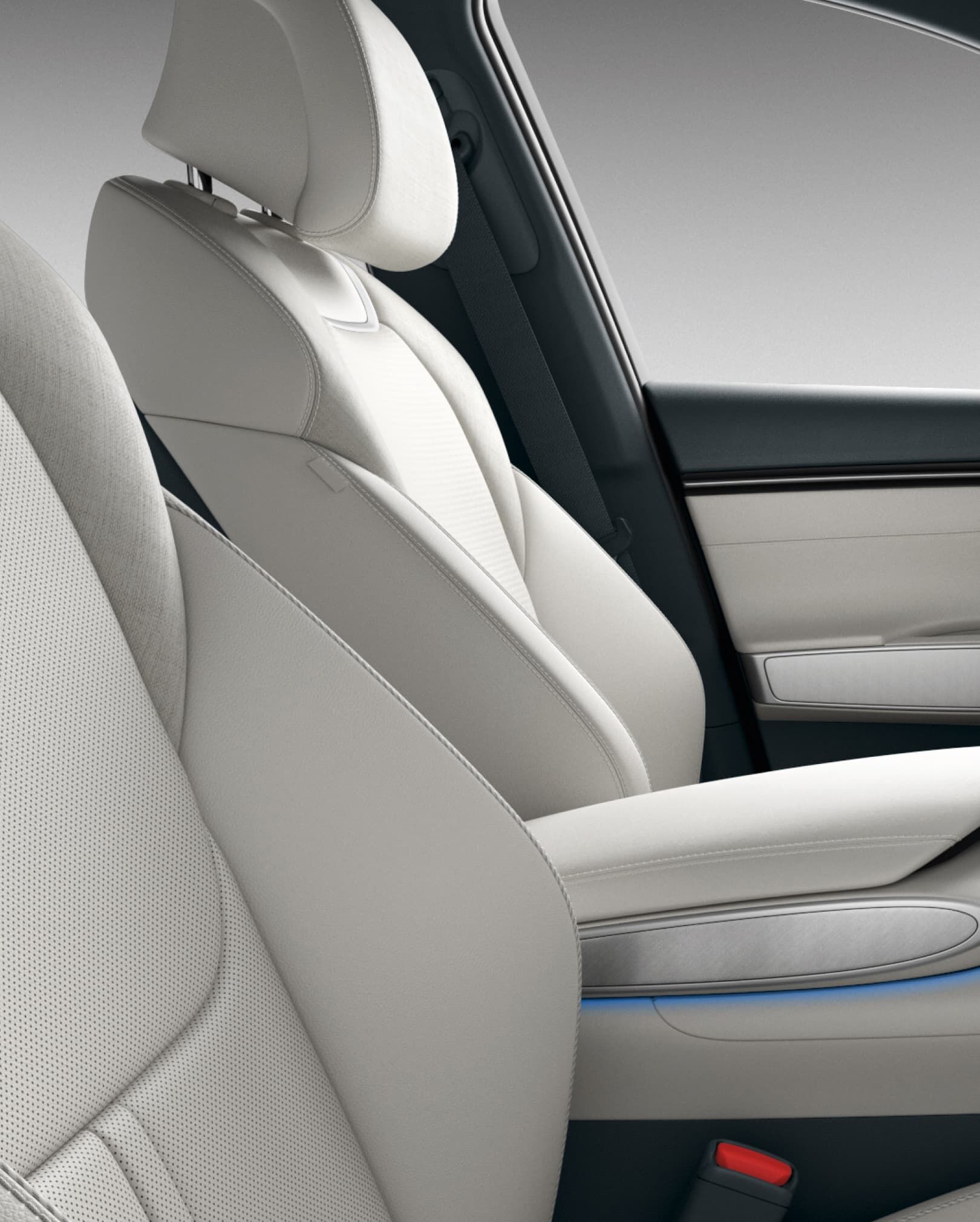 Side view of the white-colored front row Natural Leather Seats.