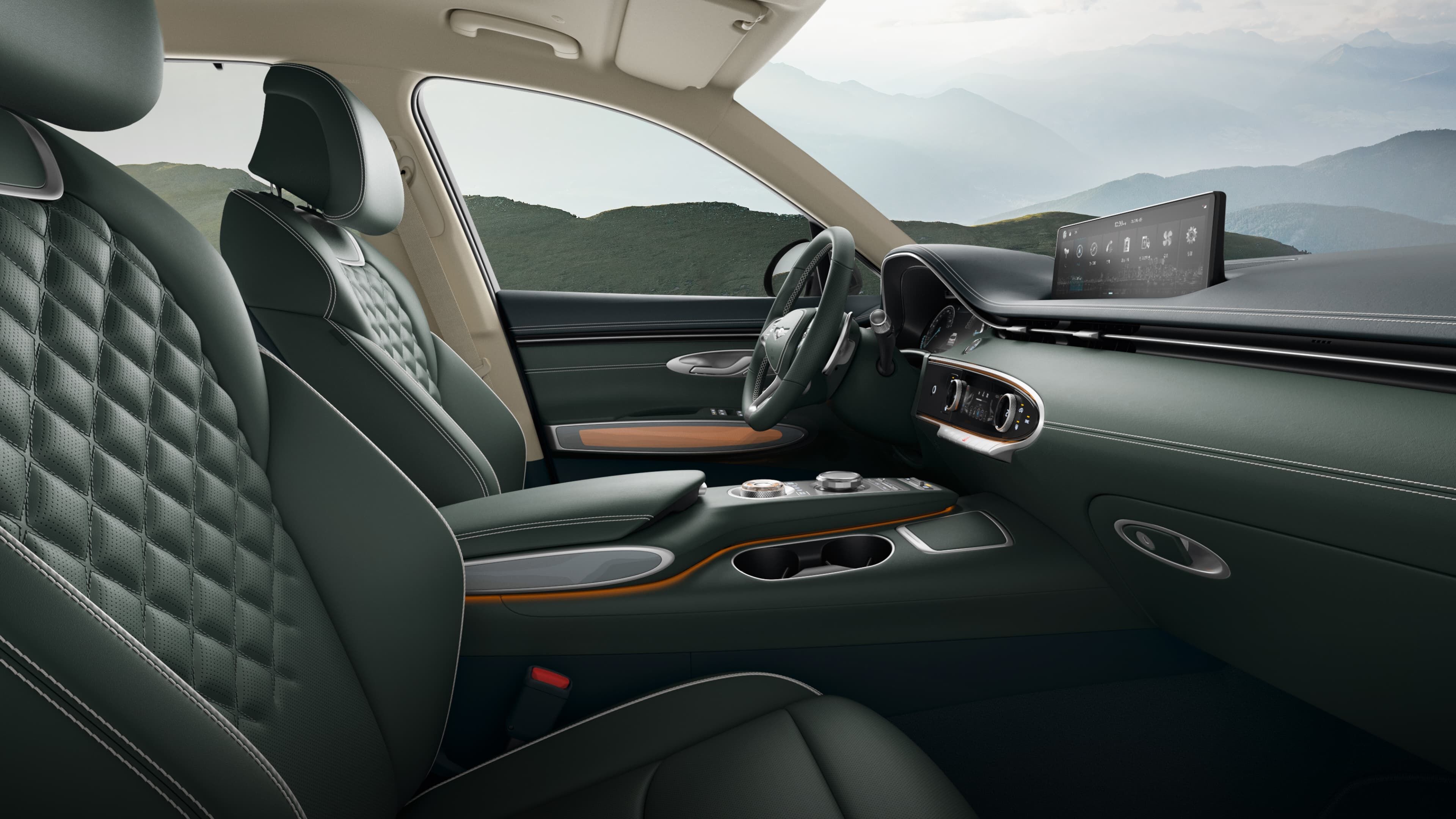 The Electrified GV70’s interior has an Ocean Wave Blue & Glacier White color scheme.